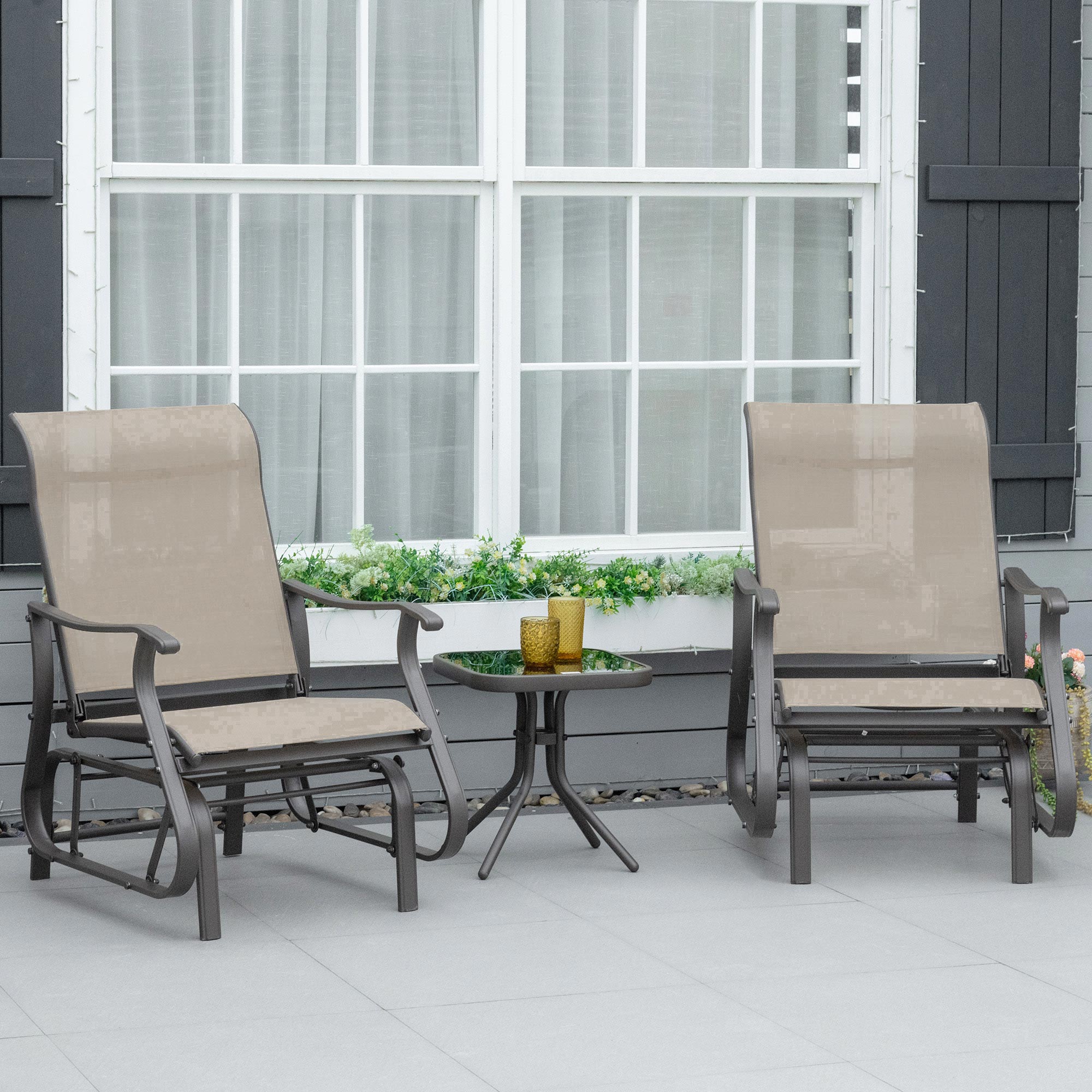 3-Piece Outdoor Gliders Set Bistro Set with Steel Frame, Tempered Glass Top Table for Patio, Garden, Backyard, Lawn