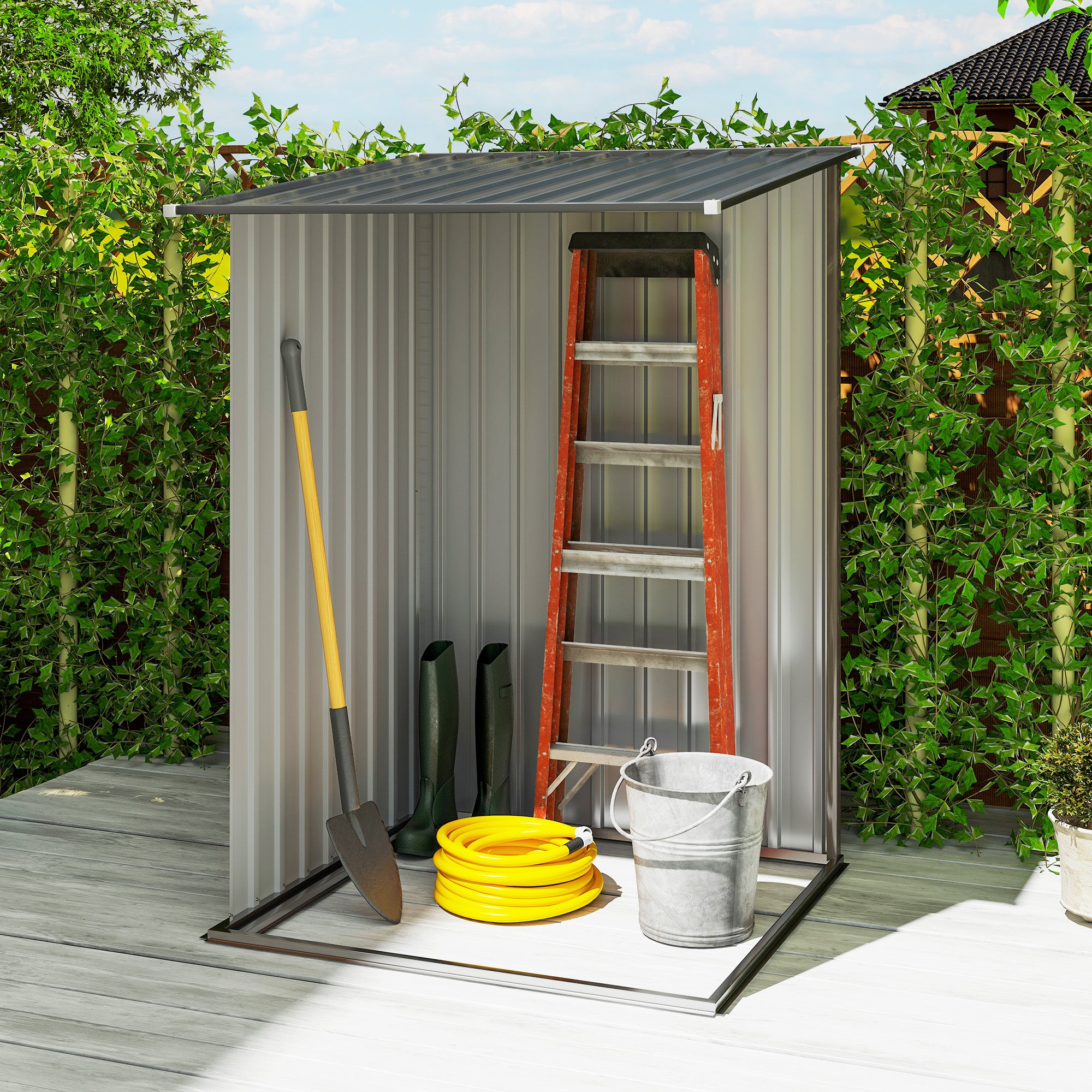 Outdoor 3.3' x 3.4' Lean-to Garden Storage Shed, Galvanized Steel Tool House with Lockable Door for Patio