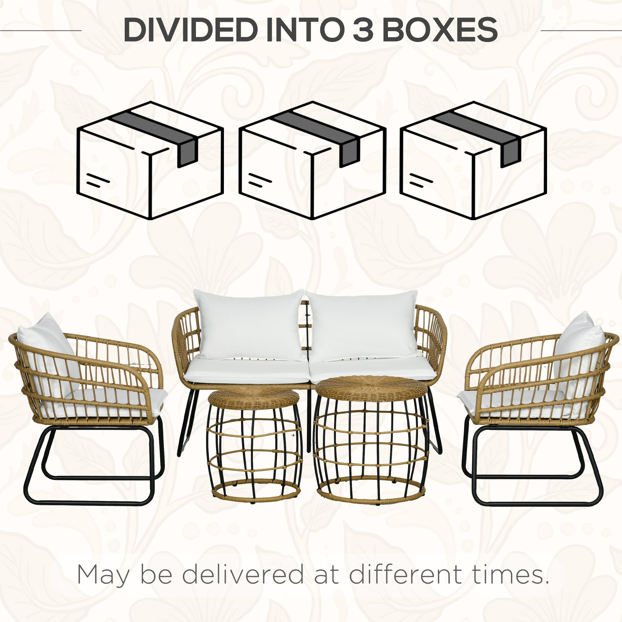 5 Piece PE Rattan Outdoor Furniture Set with Cushioned Chairs, Loveseat Sofa & Stackable Coffee Tables