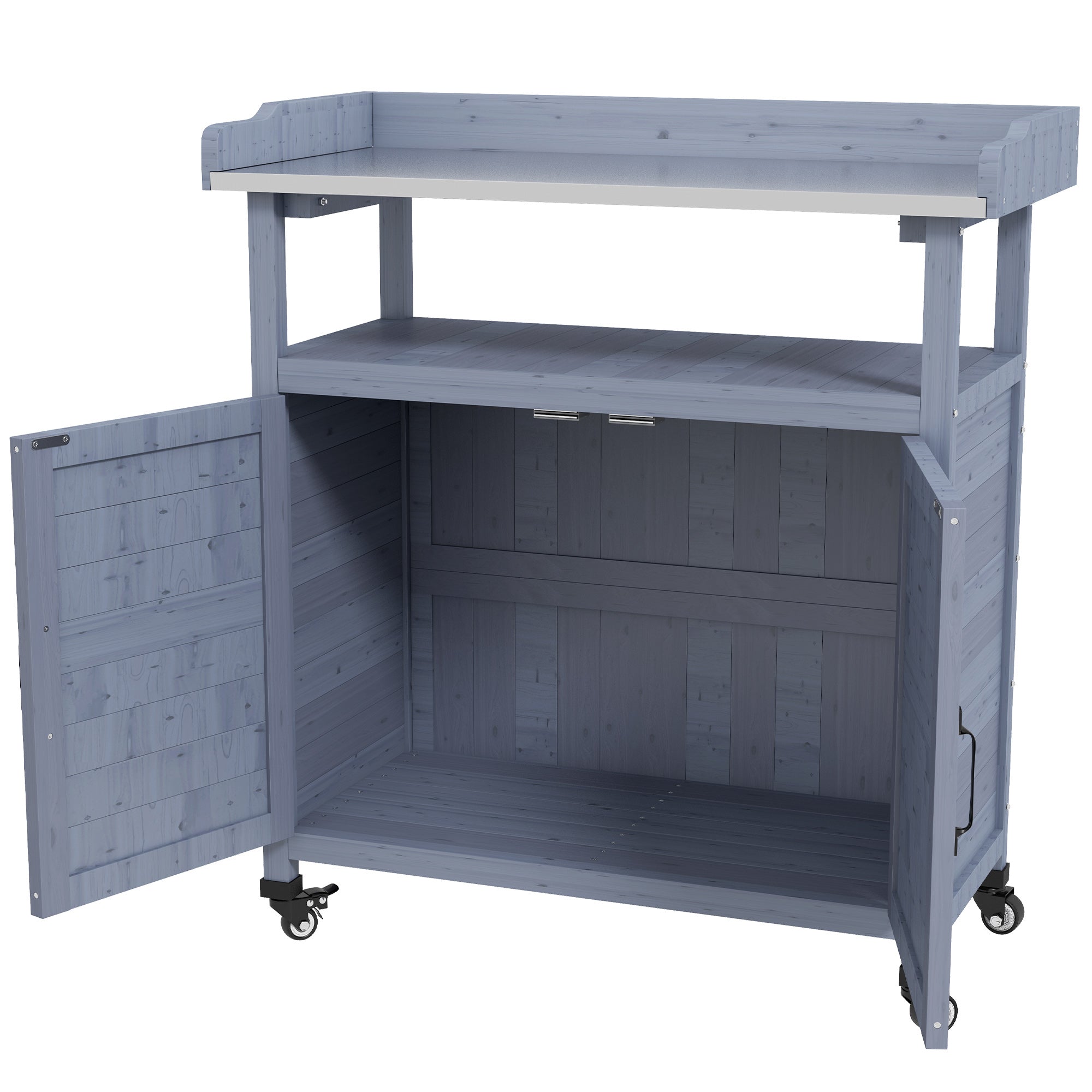 Outdoor Wooden Potting Bench with Storage Cabinet, Aluminum Tabletop, Rubber Wheels for Backyard, Patio, Balcony