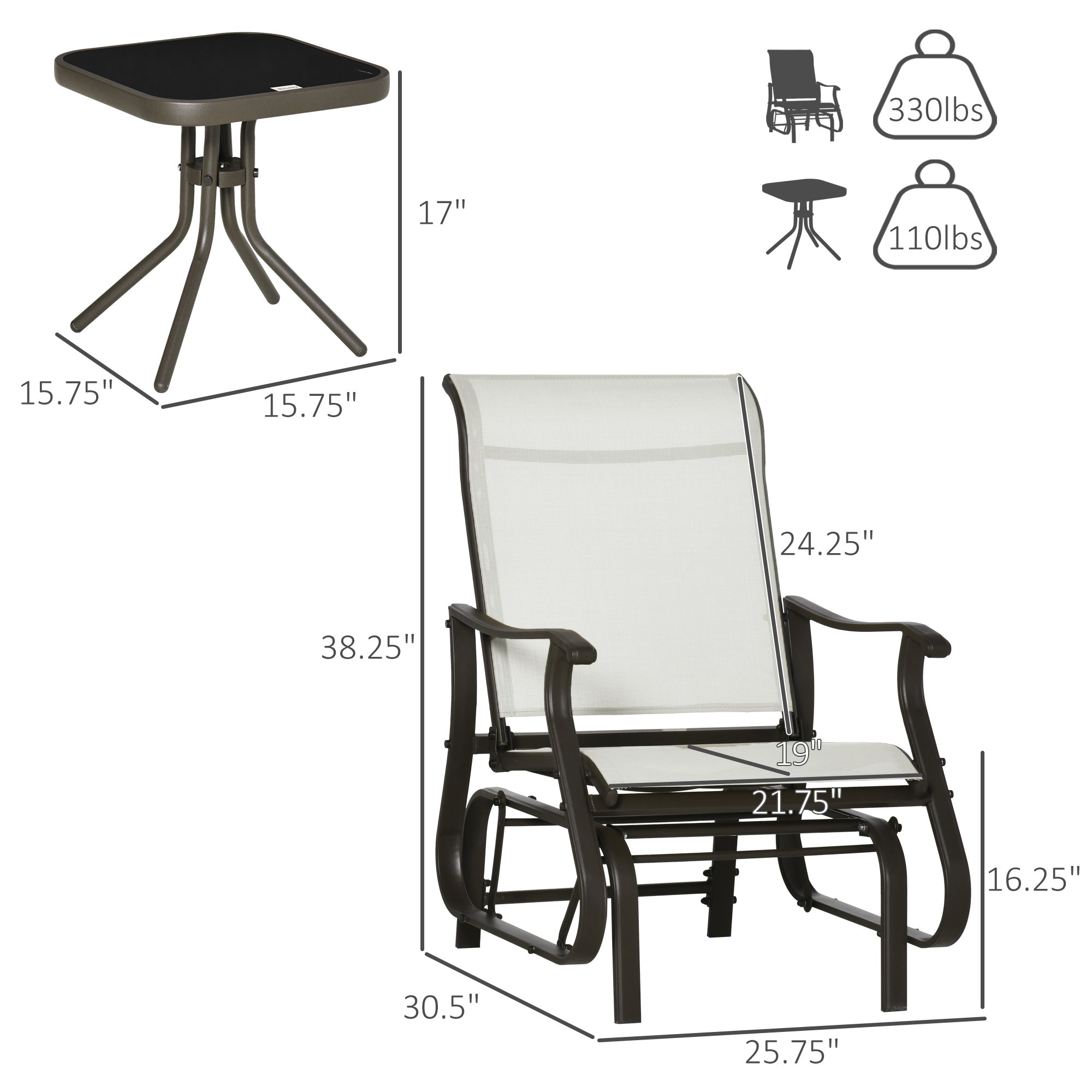 3-Piece Outdoor Gliders Set Bistro Set with Steel Frame, Tempered Glass Top Table for Patio, Garden, Backyard, Lawn