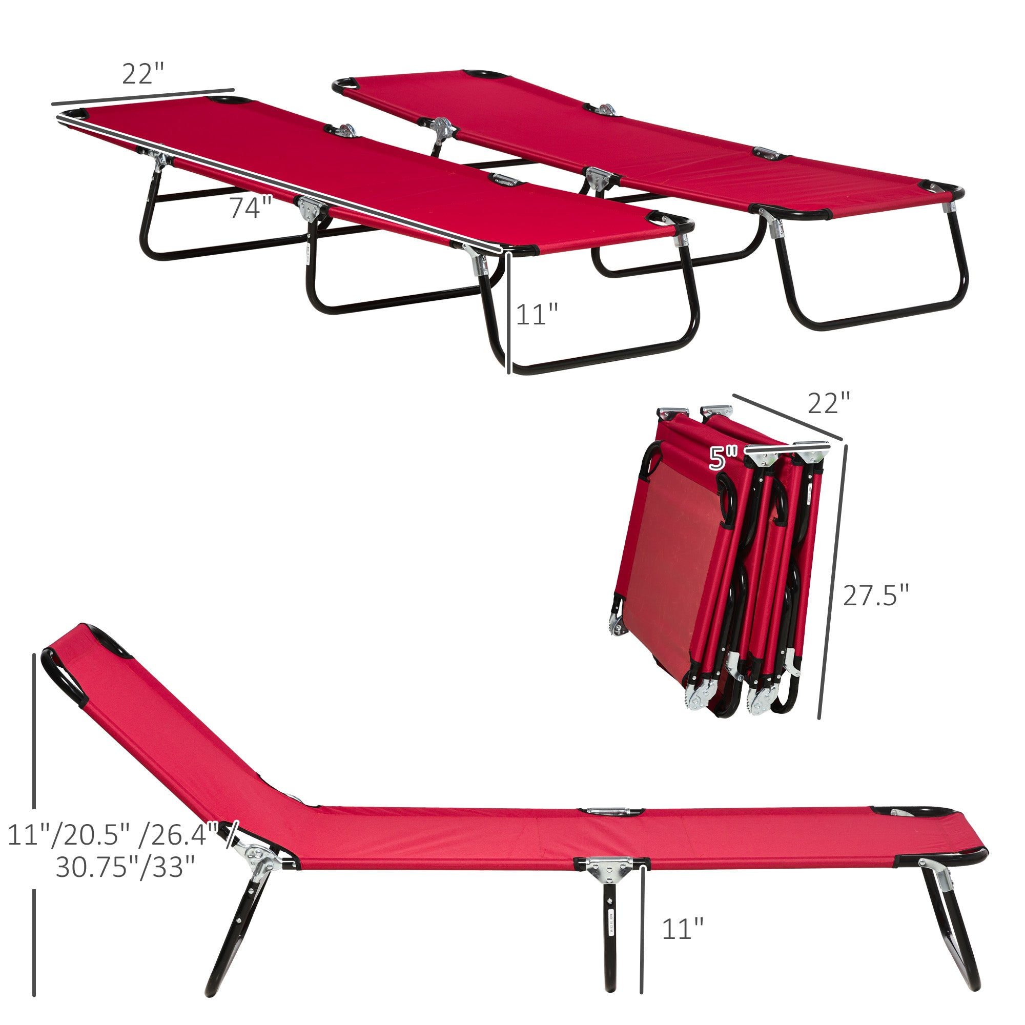 2 Piece Folding Chaise Lounge Pool Chairs, Outdoor Sun Tanning Chairs with 5-Level Reclining Back, Steel Frame for Beach, Yard, Patio