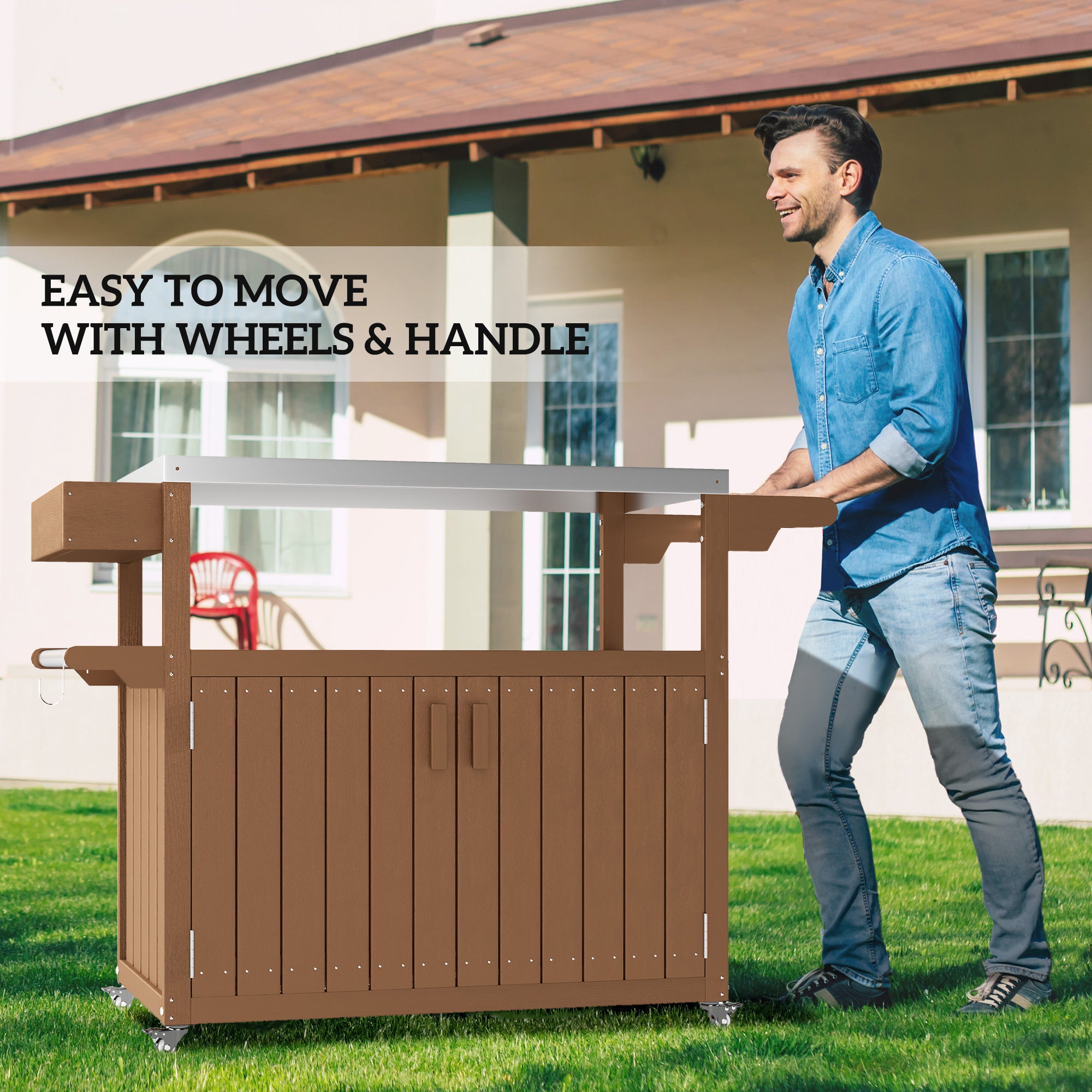 Outdoor Bar Cart with Storage, Stainless Steel Outdoor Bar Table Top, Wheeled HDPE Kitchen Island for Food Prep