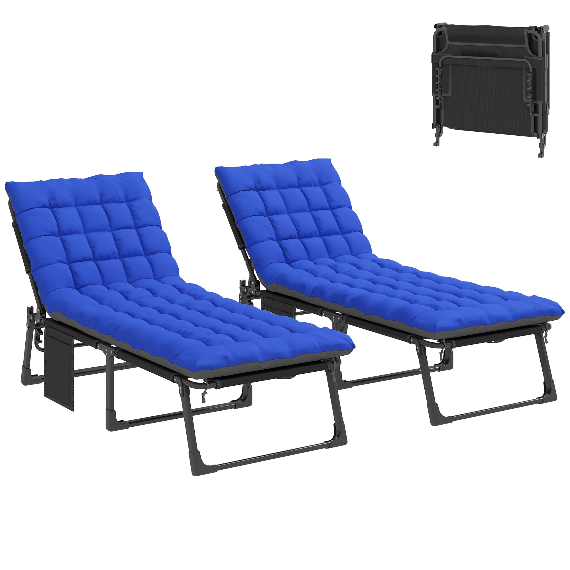 Folding Chaise Lounge Chair Outdoor Tanning Chair Set of 2 with 5-Position Backrest, Cushions, Side Pocket