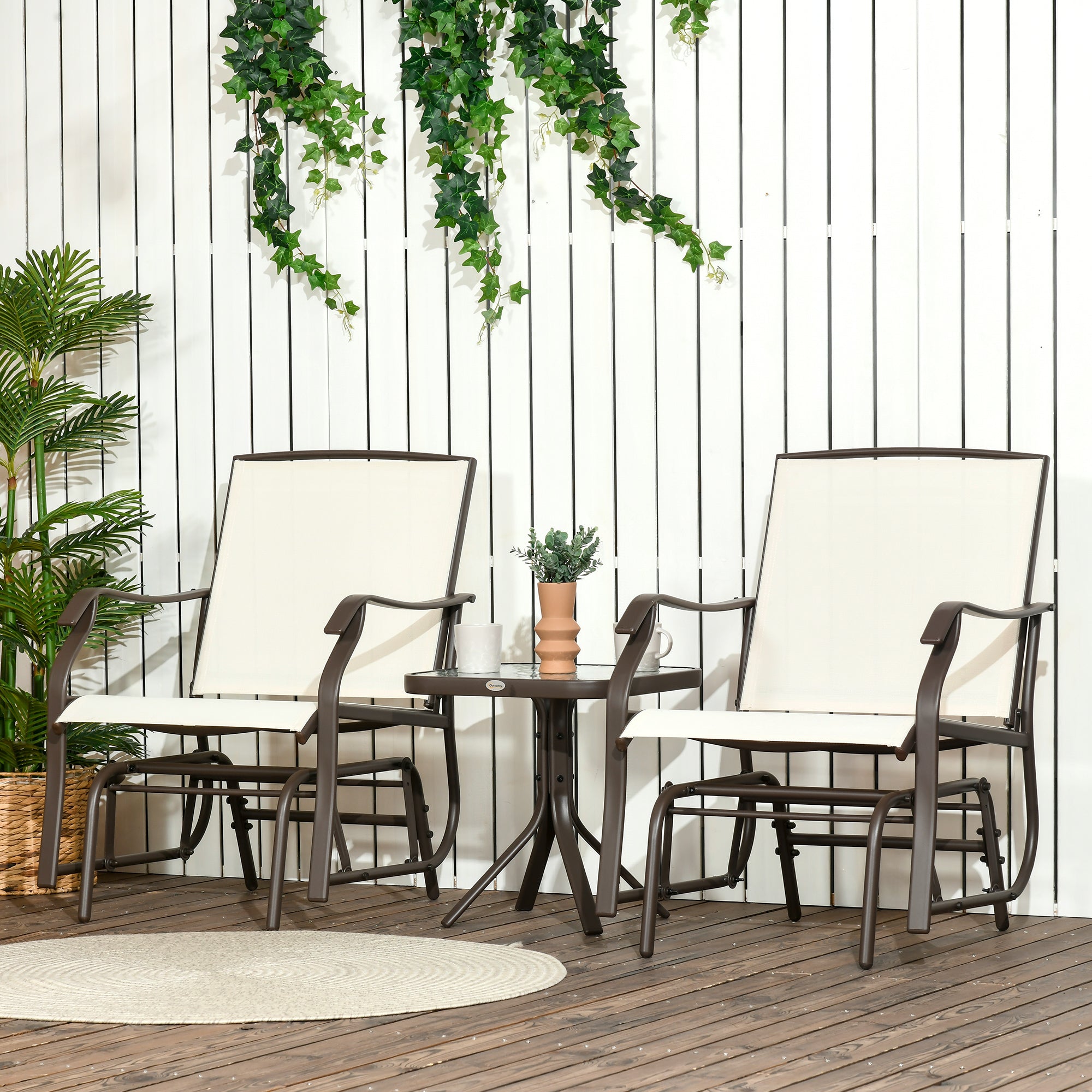 3 Piece Outdoor Glider Chair with Coffee Table Bistro Set, 2 Patio Rocking Swing Chairs with Breathable Sling Fabric, Glass Tabletop, for Backyard, Garden and Porch