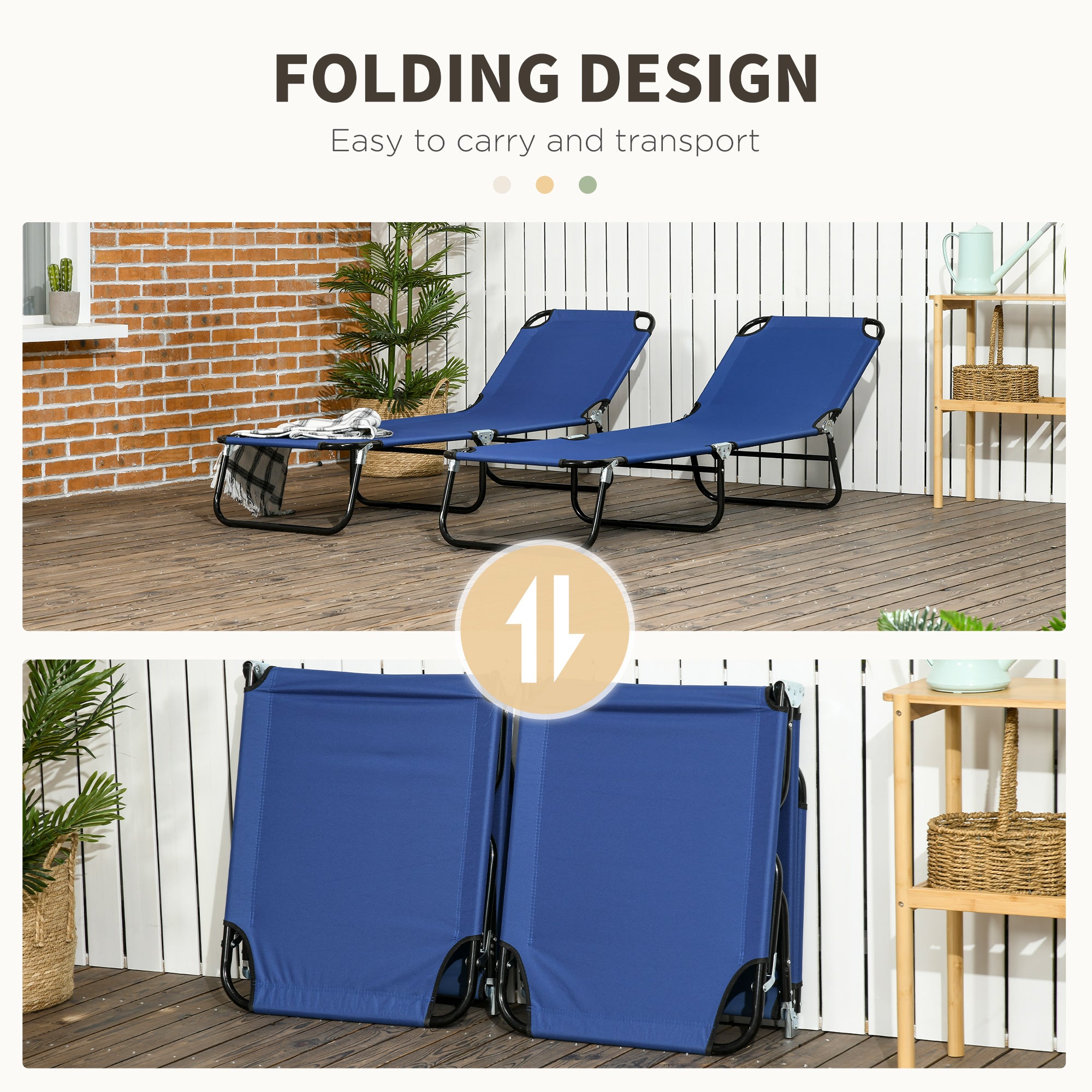 2 Piece Folding Chaise Lounge Pool Chairs, Outdoor Sun Tanning Chairs with 5-Level Reclining Back, Steel Frame for Beach, Yard, Patio