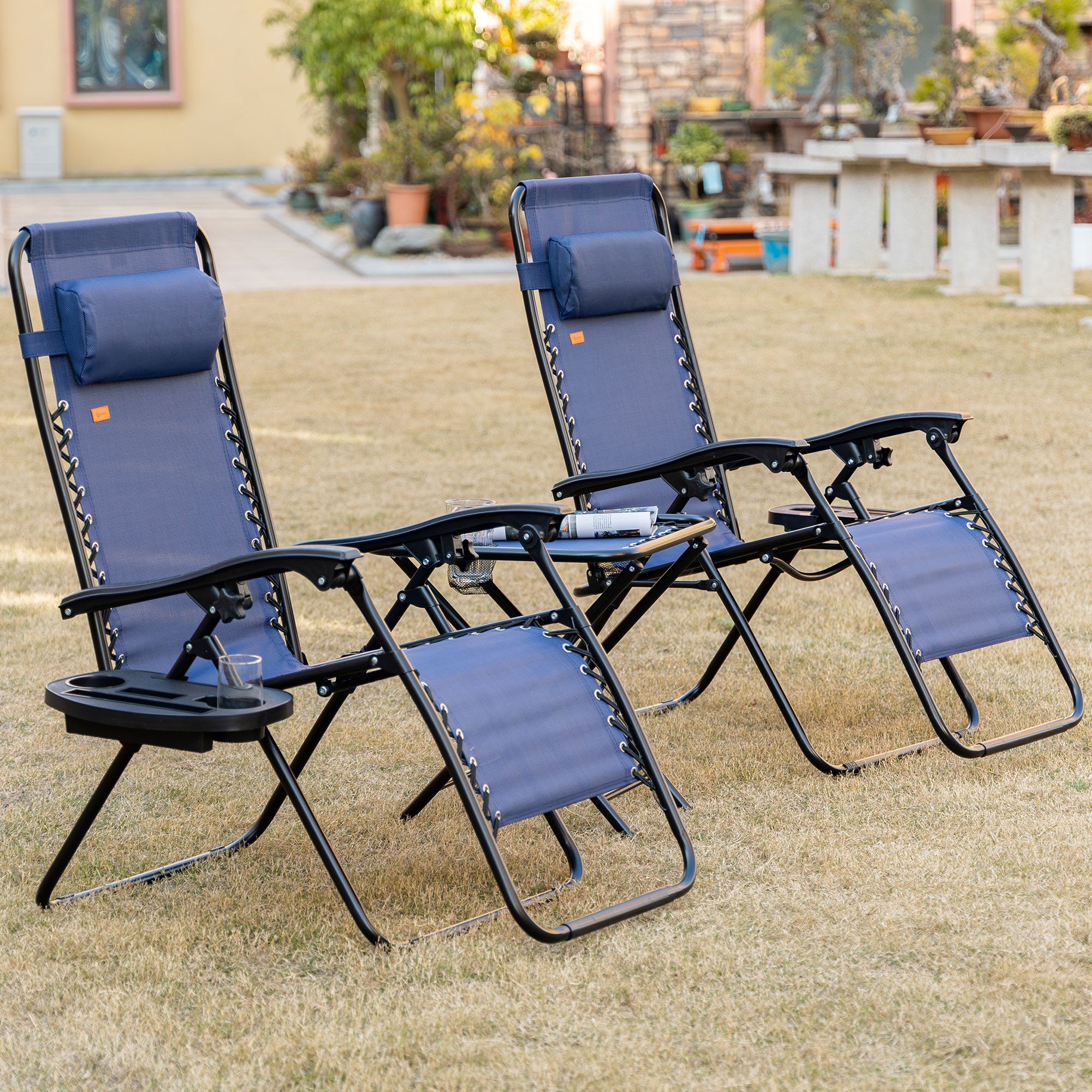 Zero Gravity Chair Set with Side Table, Folding Reclining Chair with Cupholders & Pillows, Adjustable Lounge Chairs for Pool, Backyard, Lawn, Beach