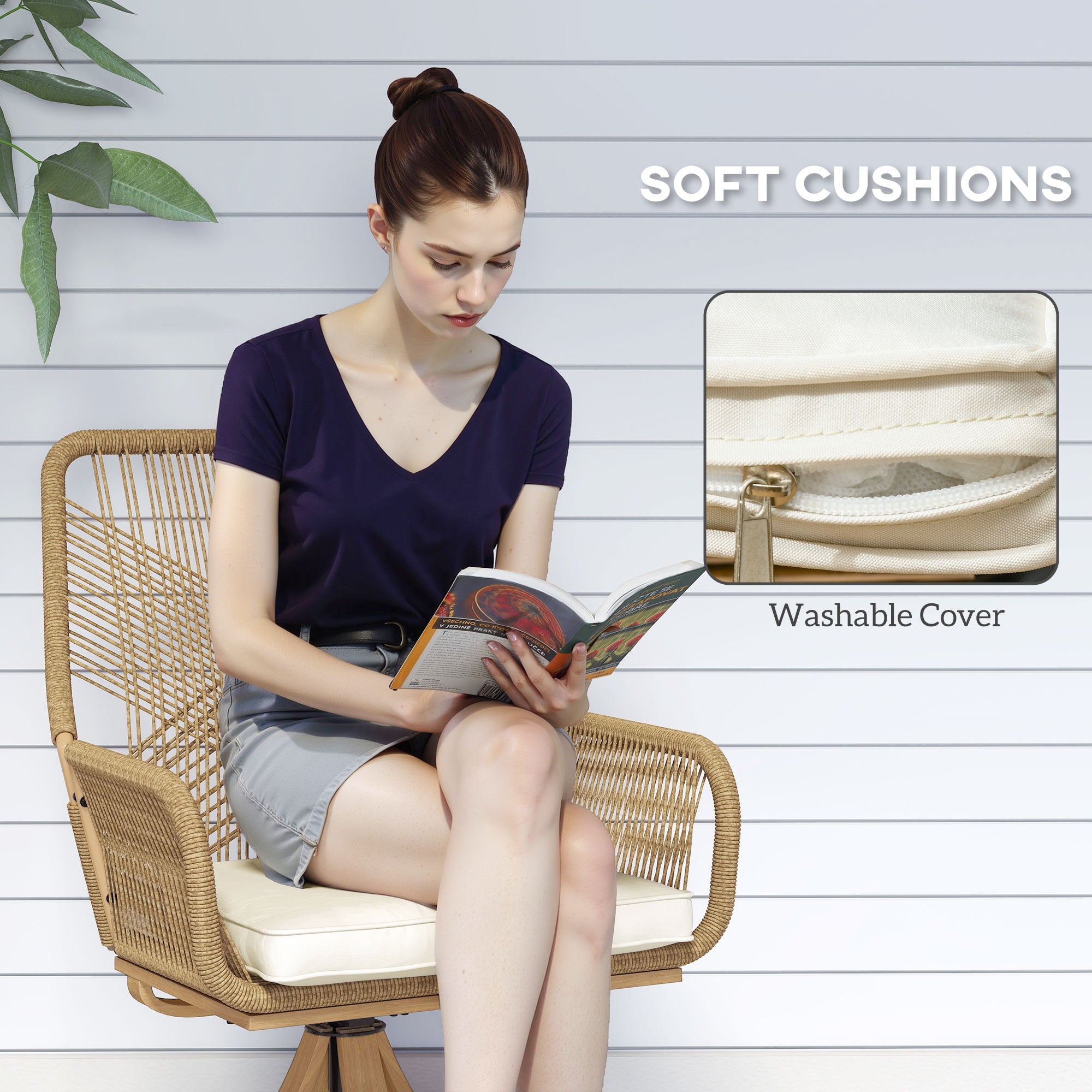 Patio Swivel Chairs Set of 2, Rattan Patio Dining Chairs with Soft Cushions for Backyard, Lawn, Porch, or Garden, Khaki