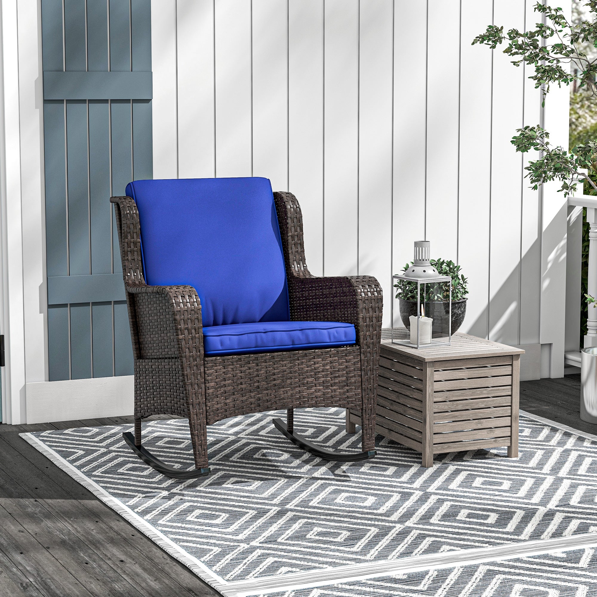 Outdoor Wicker Rocking Chair, Rattan Rocker with Cushions, Steel Frame for Patio, Garden, Backyard, Dark Blue