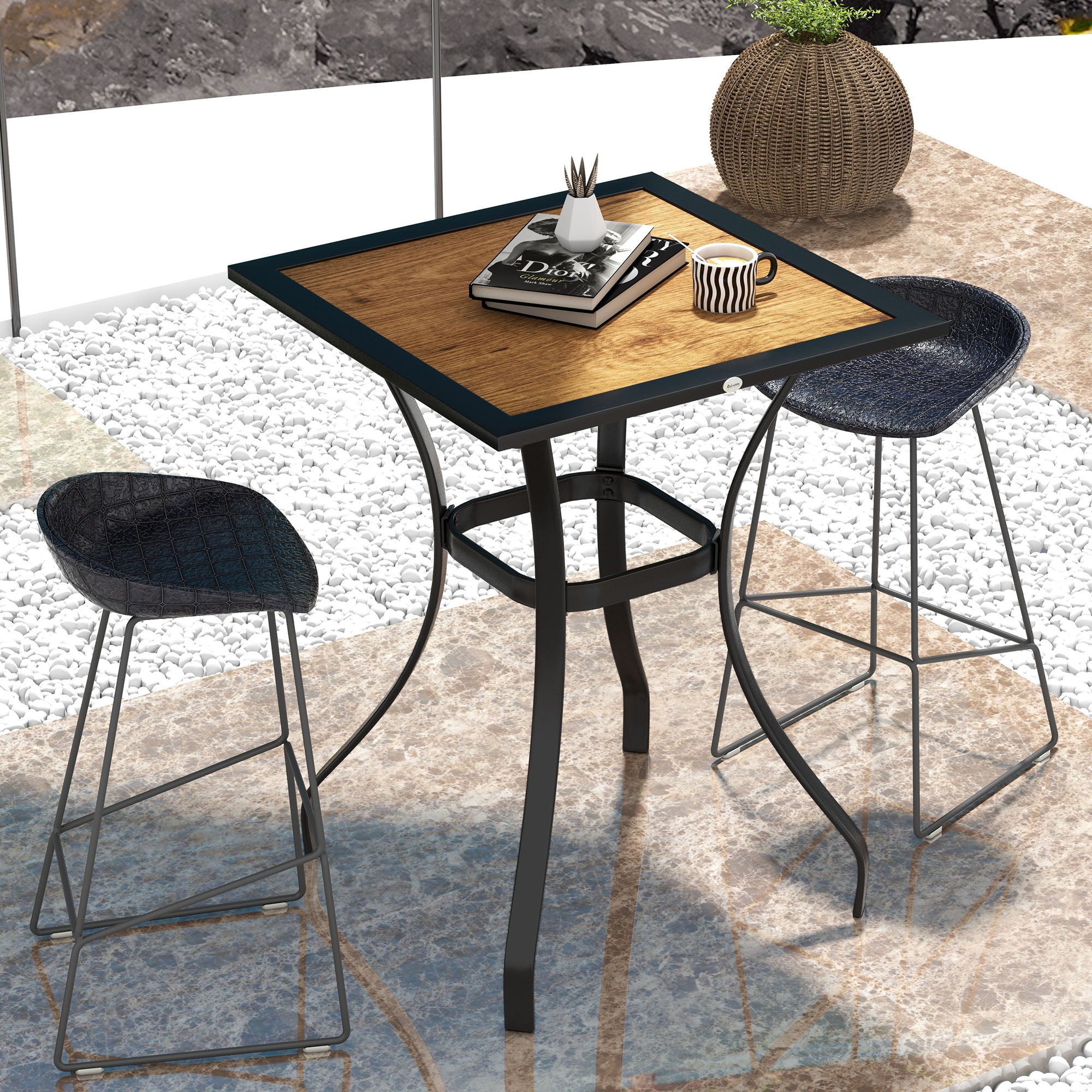 28" Outdoor Dining Table, Faux Wood Patio Furniture, Square Wood-Like Garden Table with Water Safe Design, Brown