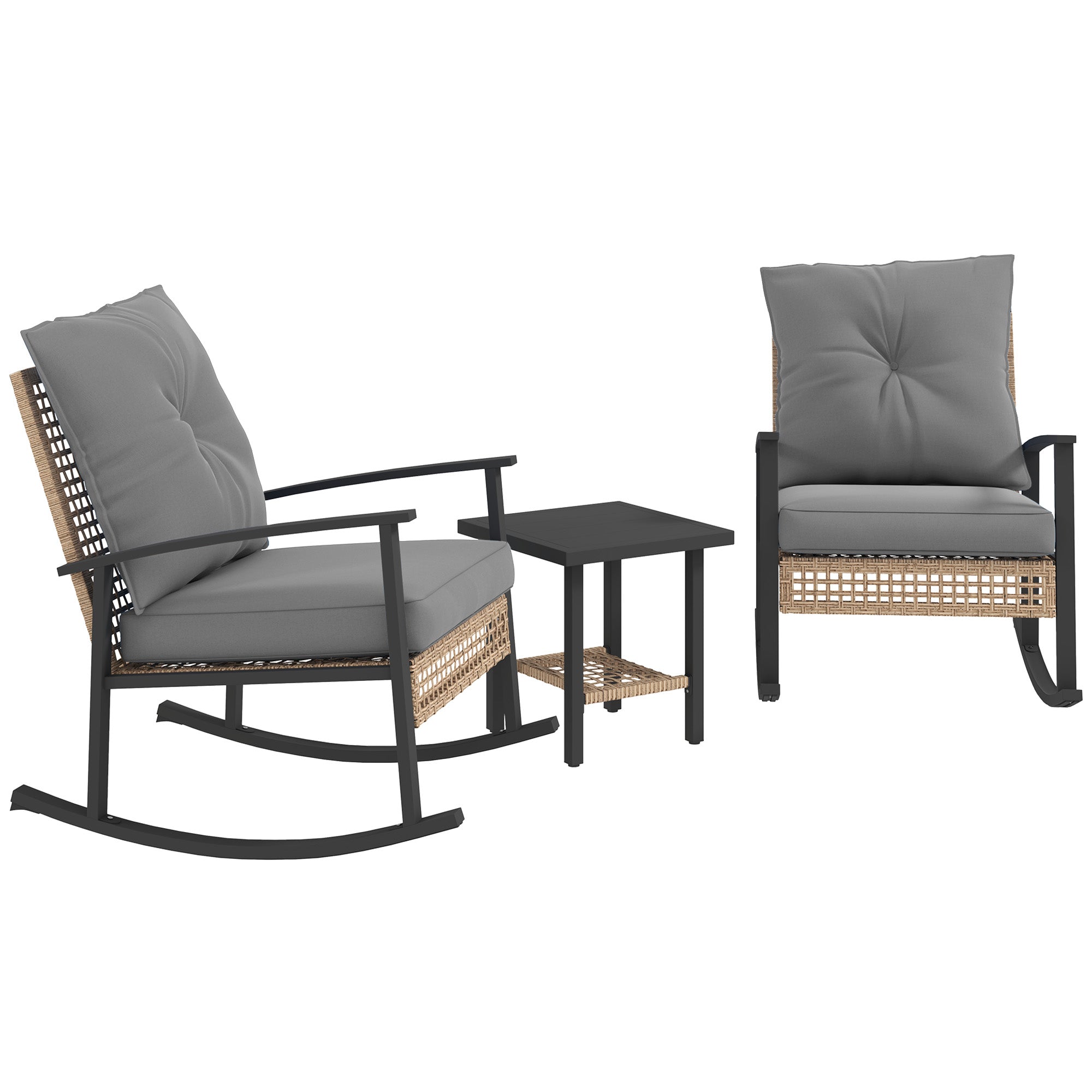 3 Pieces Bistro Set, Patio Wicker Furniture Set with Button Tufted Cushions, Rattan Rocking Chairs, Coffee Table