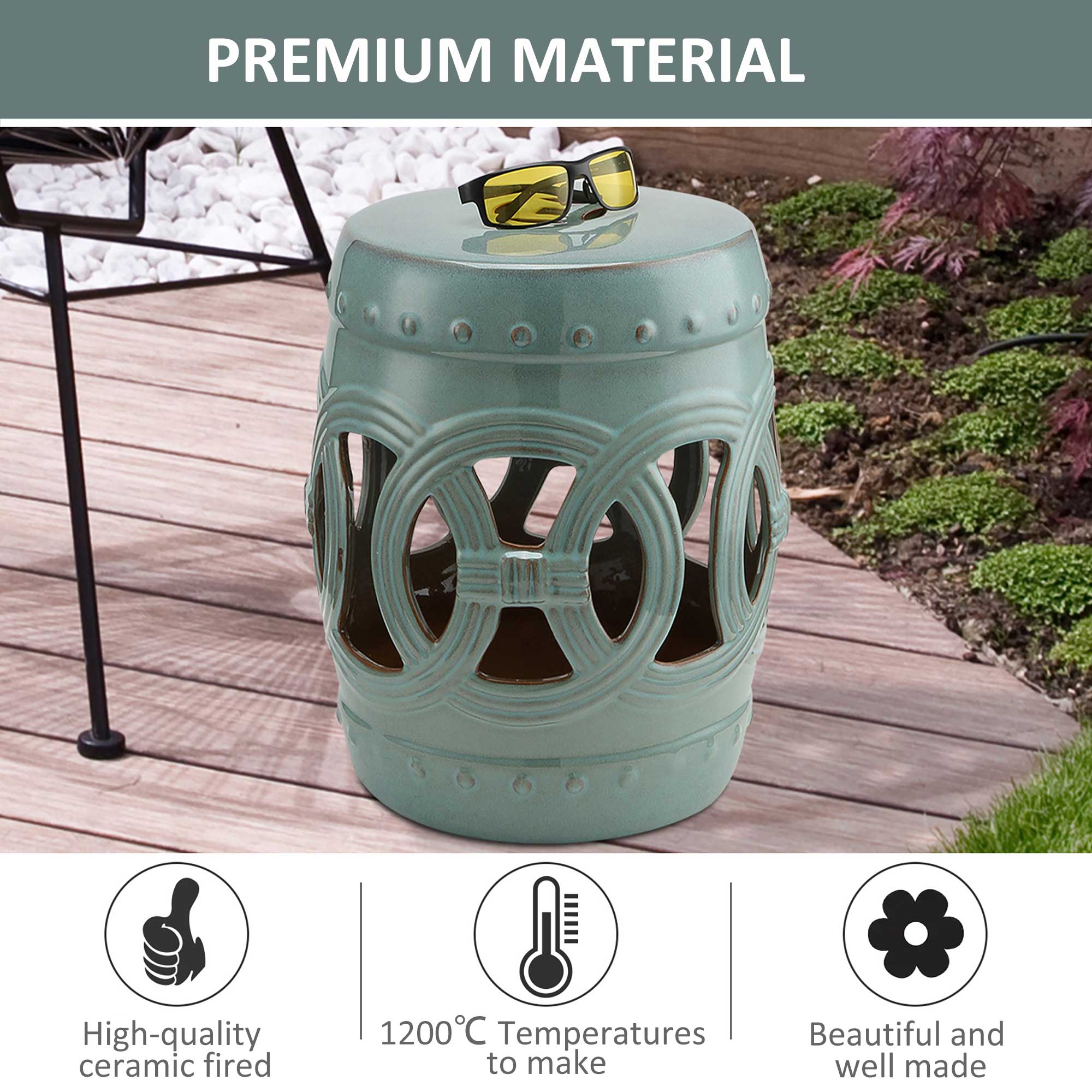 14" x 17" Ceramic Garden Stool with Double-Coin Knotted Ring Design & Strong Glazed Material, Decorative End Table, Home Collection