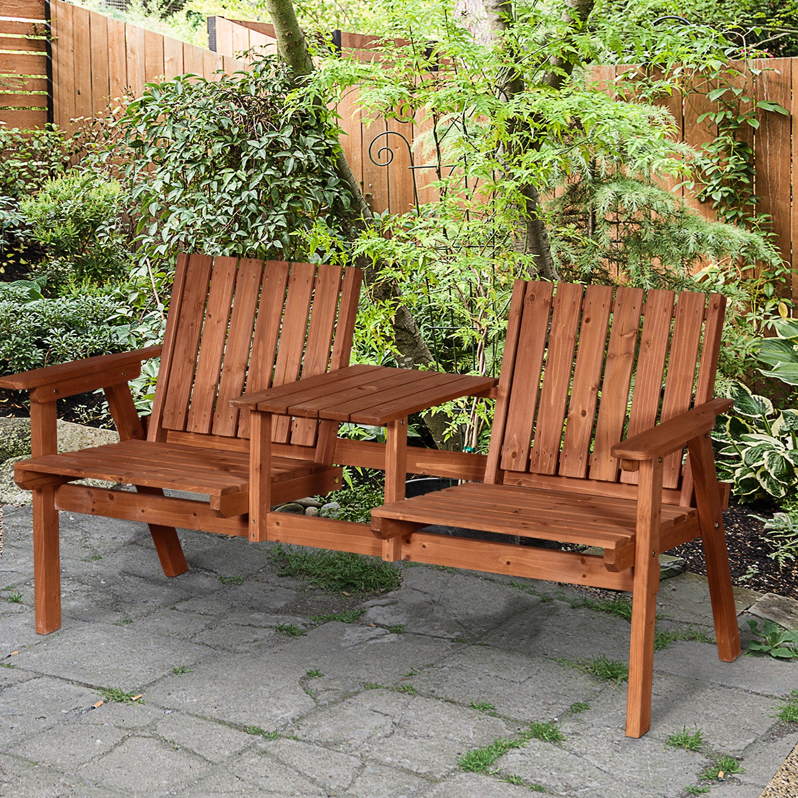 Patio Bench, Garden Bench with Middle Table and Umbrella Hole, Wooden Outdoor Bench for Patio, Porch, Poolside, Balcony