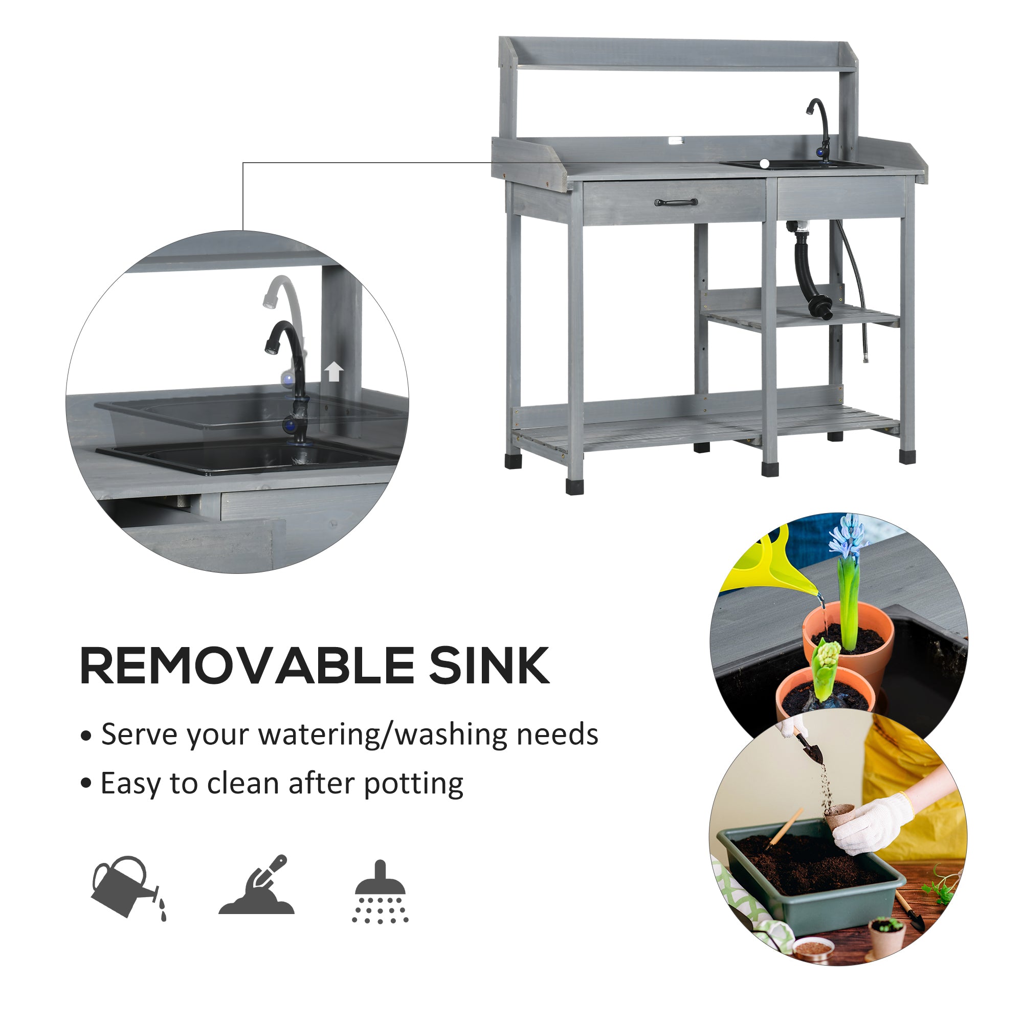 Potting Bench Table, Outdoor Garden Table Wooden Work Station with Removable Sink, Faucet, Drawer, Shelves, Hooks