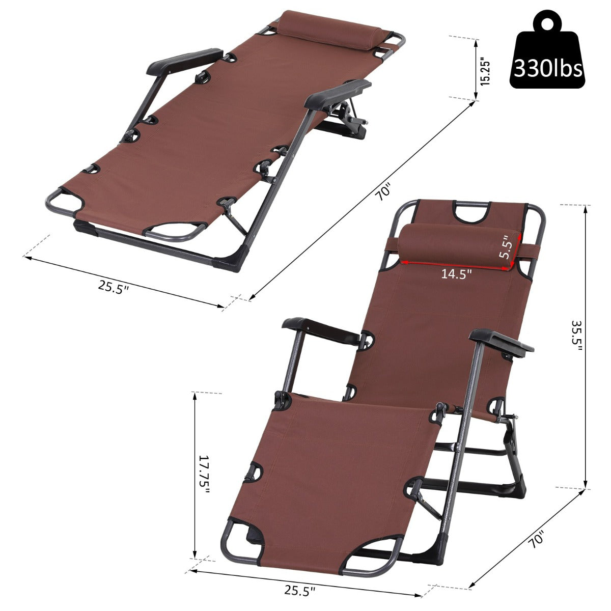 Oxford Fabric Metal Frame Outdoor Pool Sun Lounger Lounge Chair 120°/180°