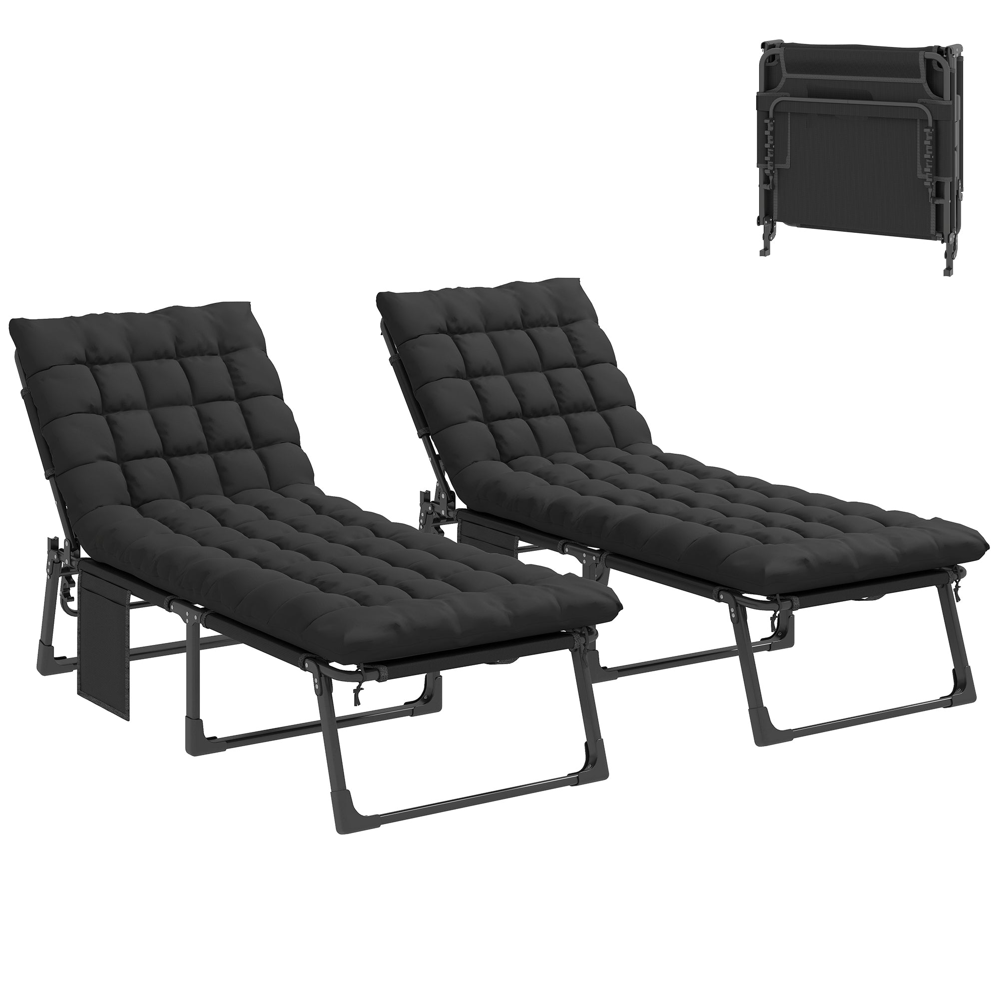 Folding Chaise Lounge Chair Outdoor Tanning Chair Set of 2 with 5-Position Backrest, Cushions, Side Pocket