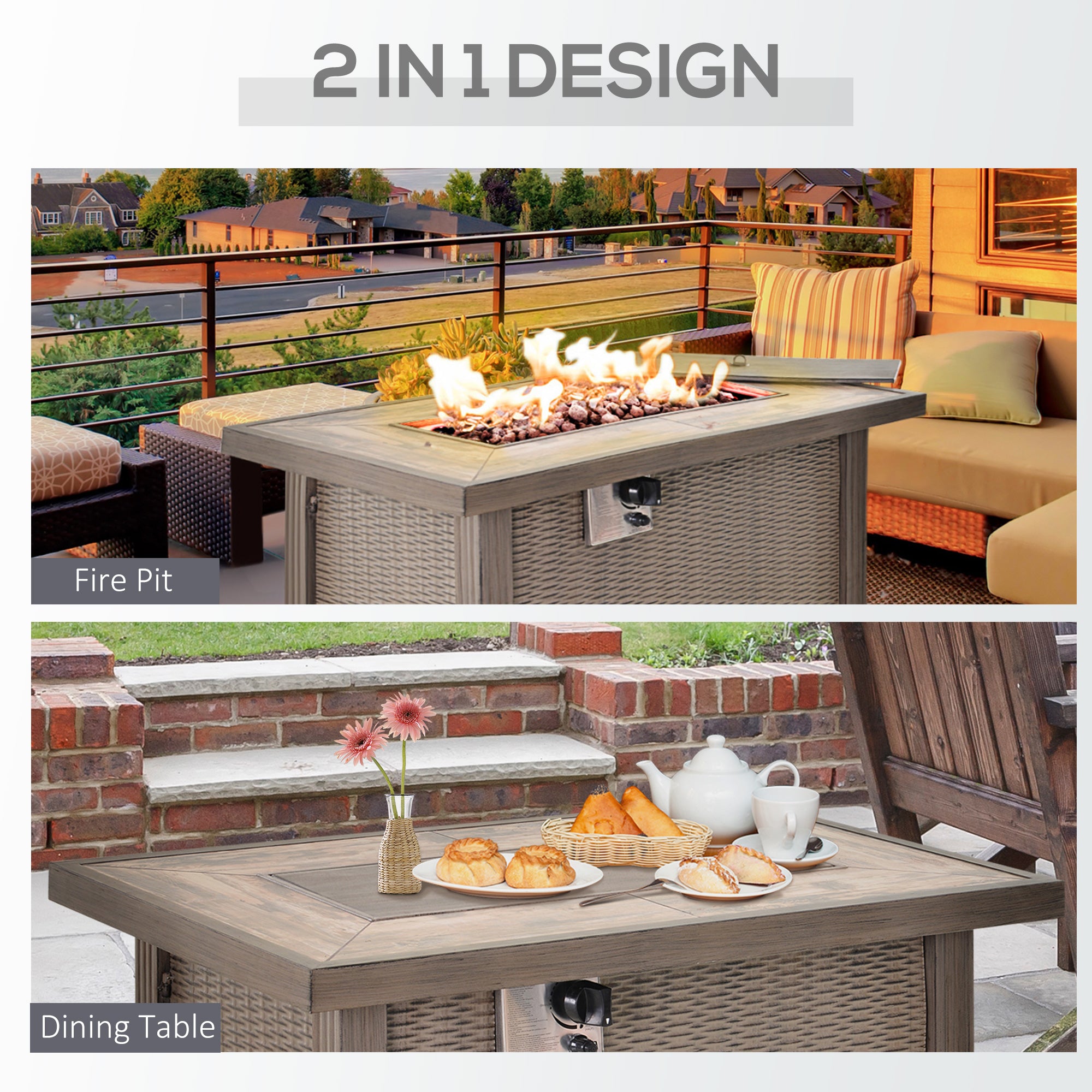 Propane Fire Pit Table, 30,000 BTU 42" Wicker-Effect Gas Fire Table, Auto-Ignition Rectangular Outdoor Firepit with Lid, Ceramic Tabletop, Lava Rocks and Rain Cover, CSA Certification, Gray