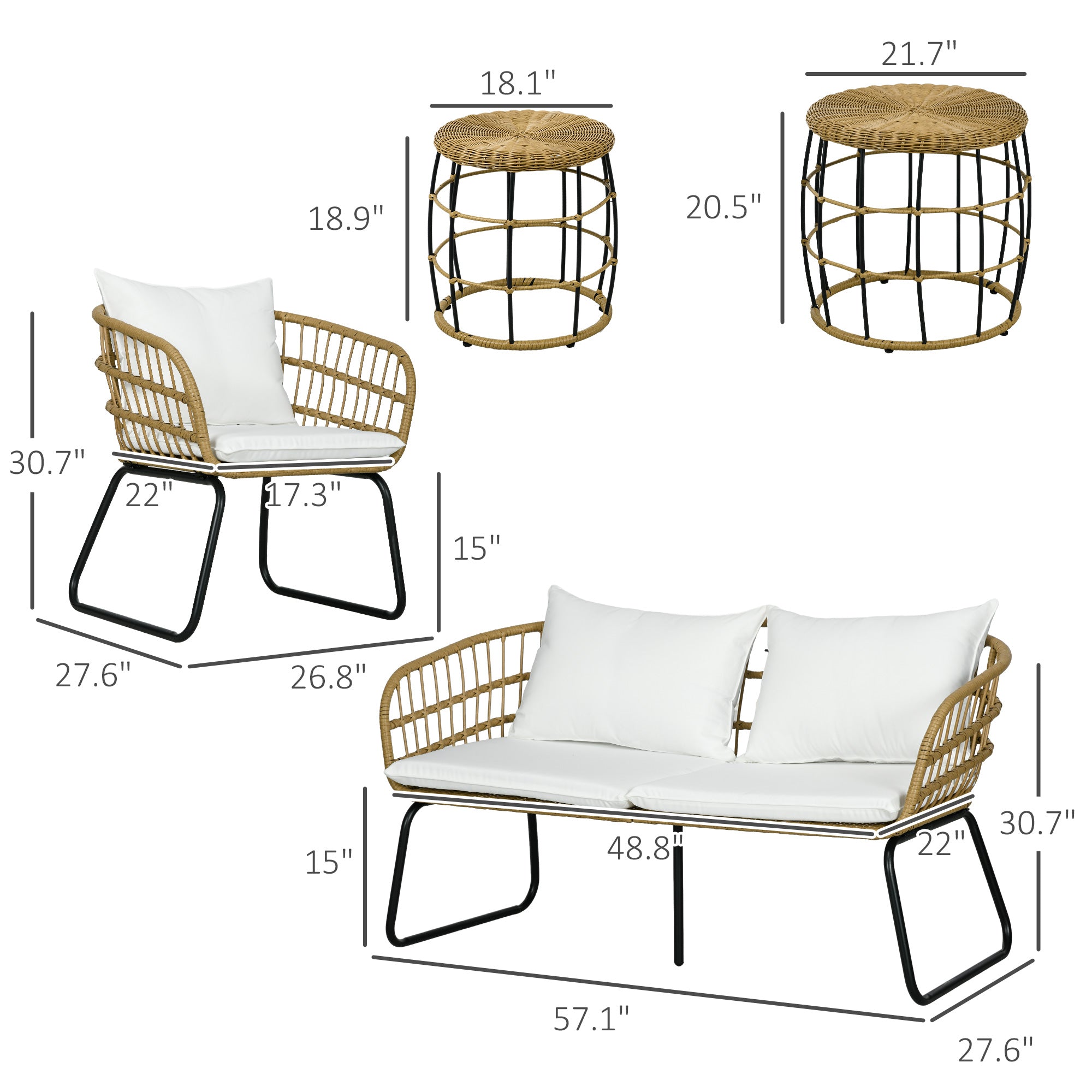 5 Piece PE Rattan Outdoor Furniture Set with Cushioned Chairs, Loveseat Sofa & Stackable Coffee Tables