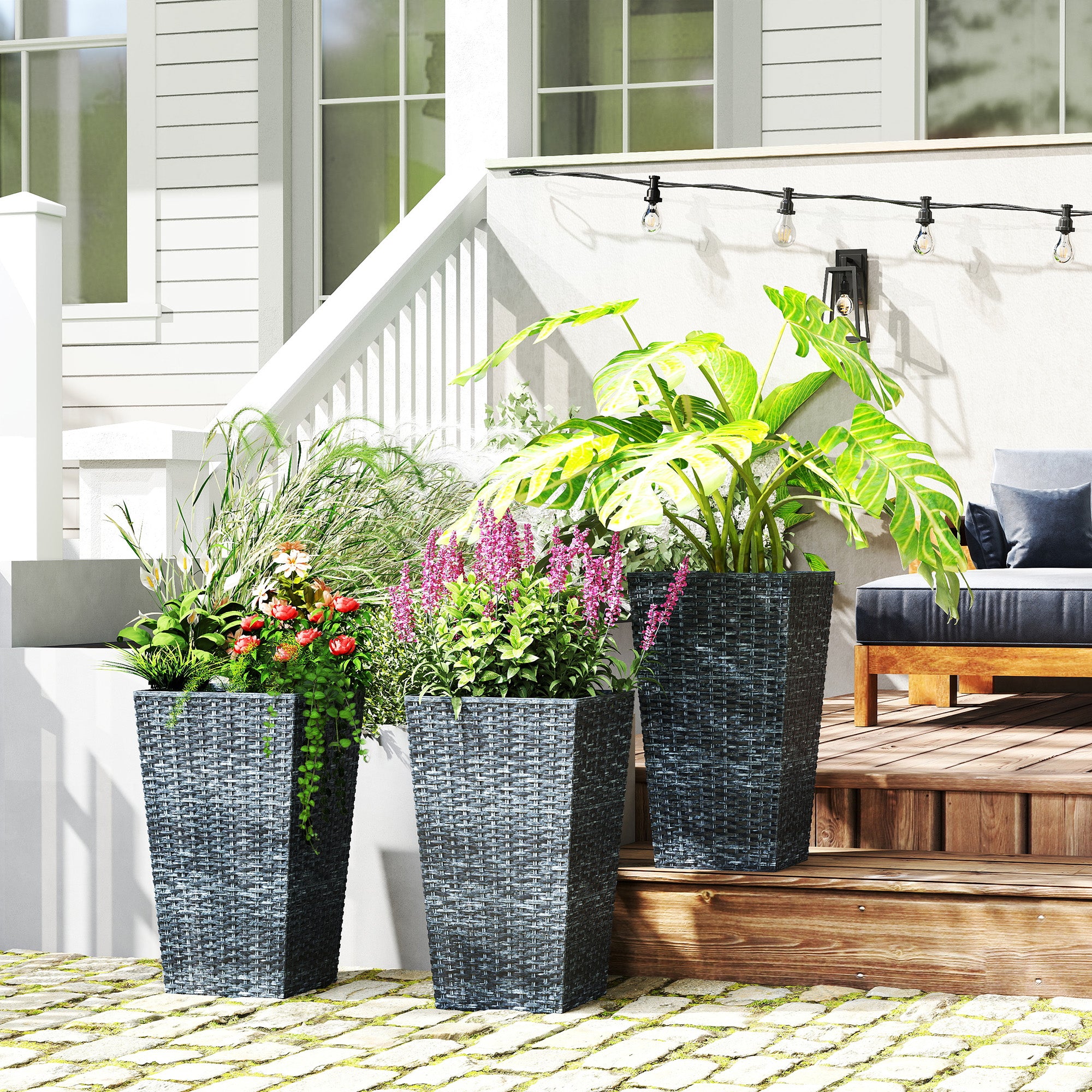 Set of 3 Tall Planters with Drainage Hole, 24" Outdoor Flower Plant Pots, Indoor Planters for Porch, Front Door, Entryway, Patio and Deck