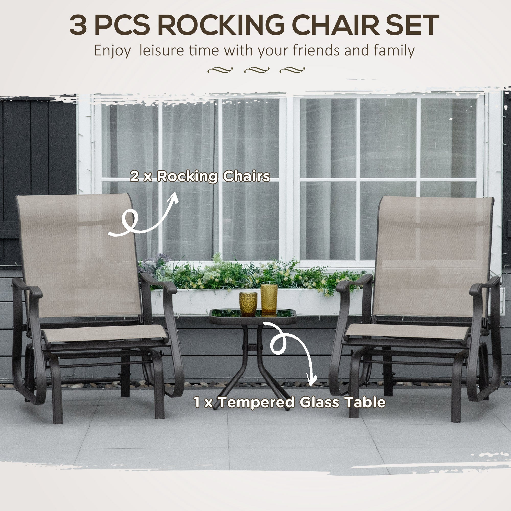 3-Piece Outdoor Gliders Set Bistro Set with Steel Frame, Tempered Glass Top Table for Patio, Garden, Backyard, Lawn