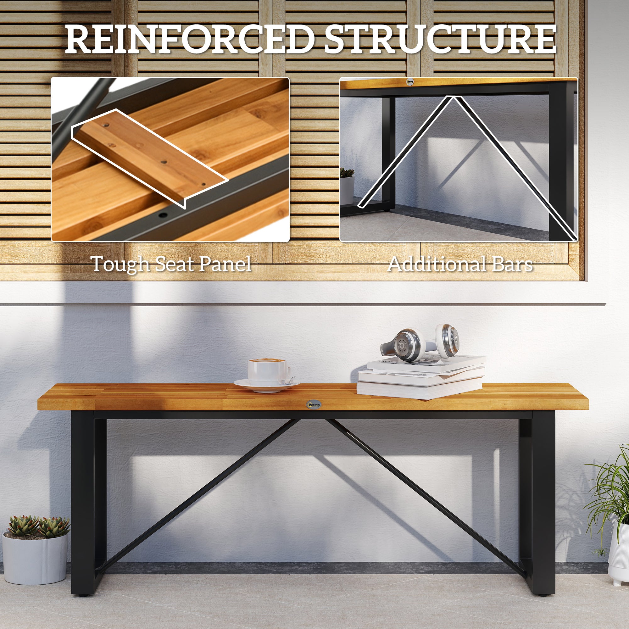 Outdoor Bench, 2-Person Backless Garden Bench, Acacia Wood Patio Bench Loveseat with Slatted Seat for Porch, Park, Teak