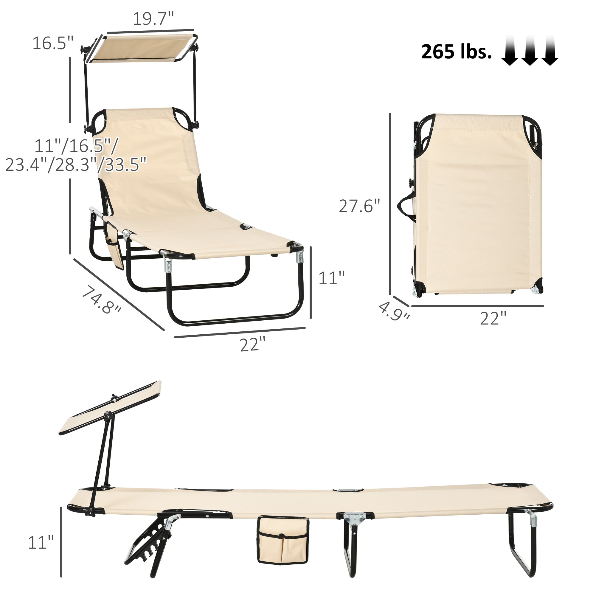 Chaise Pool Lounge Chairs Set of 2, Outdoor Sun Tanning Chairs, Reclining Back, Steel Frame and Side Pocket