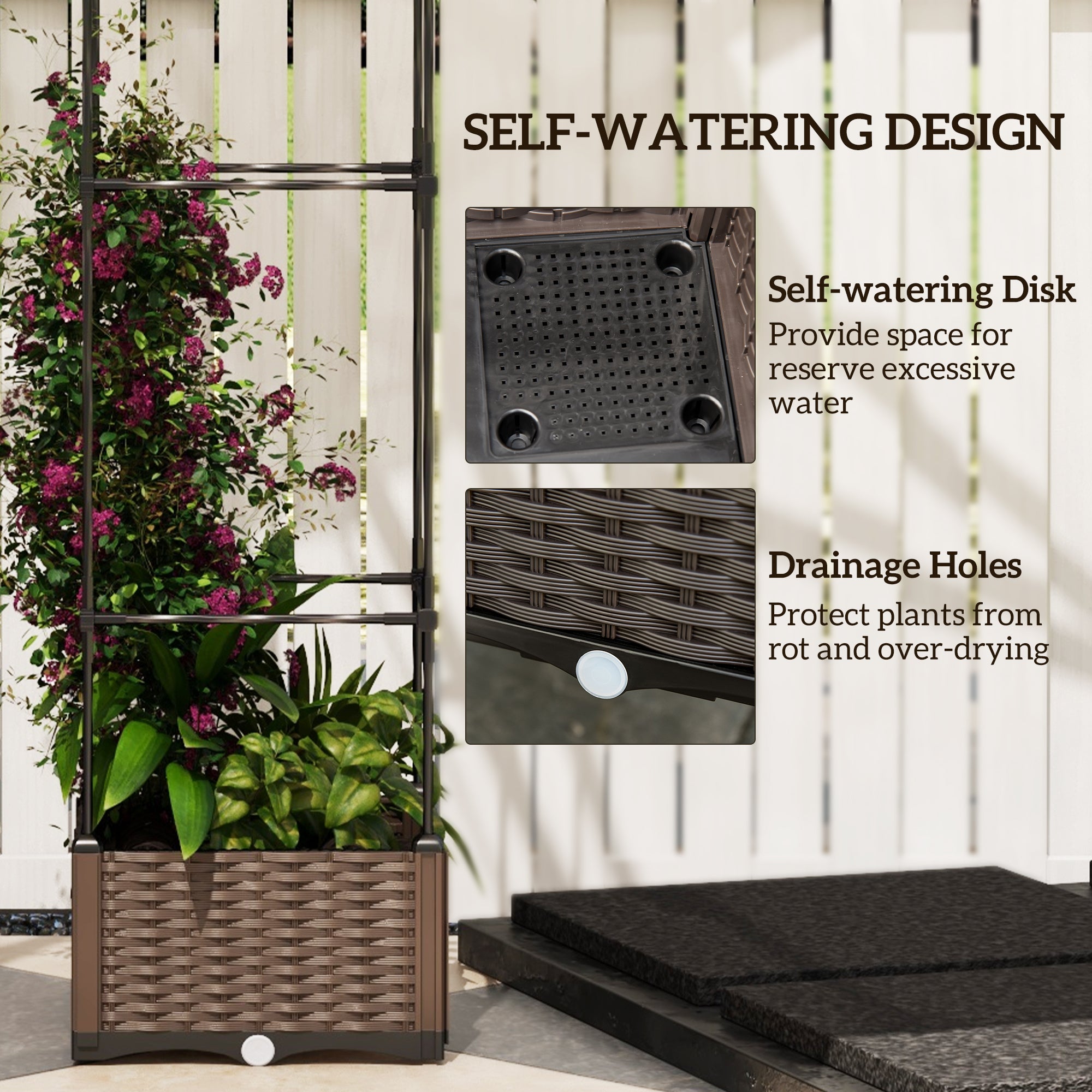 6' Raised Garden Bed Planter with Trellis, Self-Watering Disk, Drainage Holes & Steel Frame for Climbing Plants