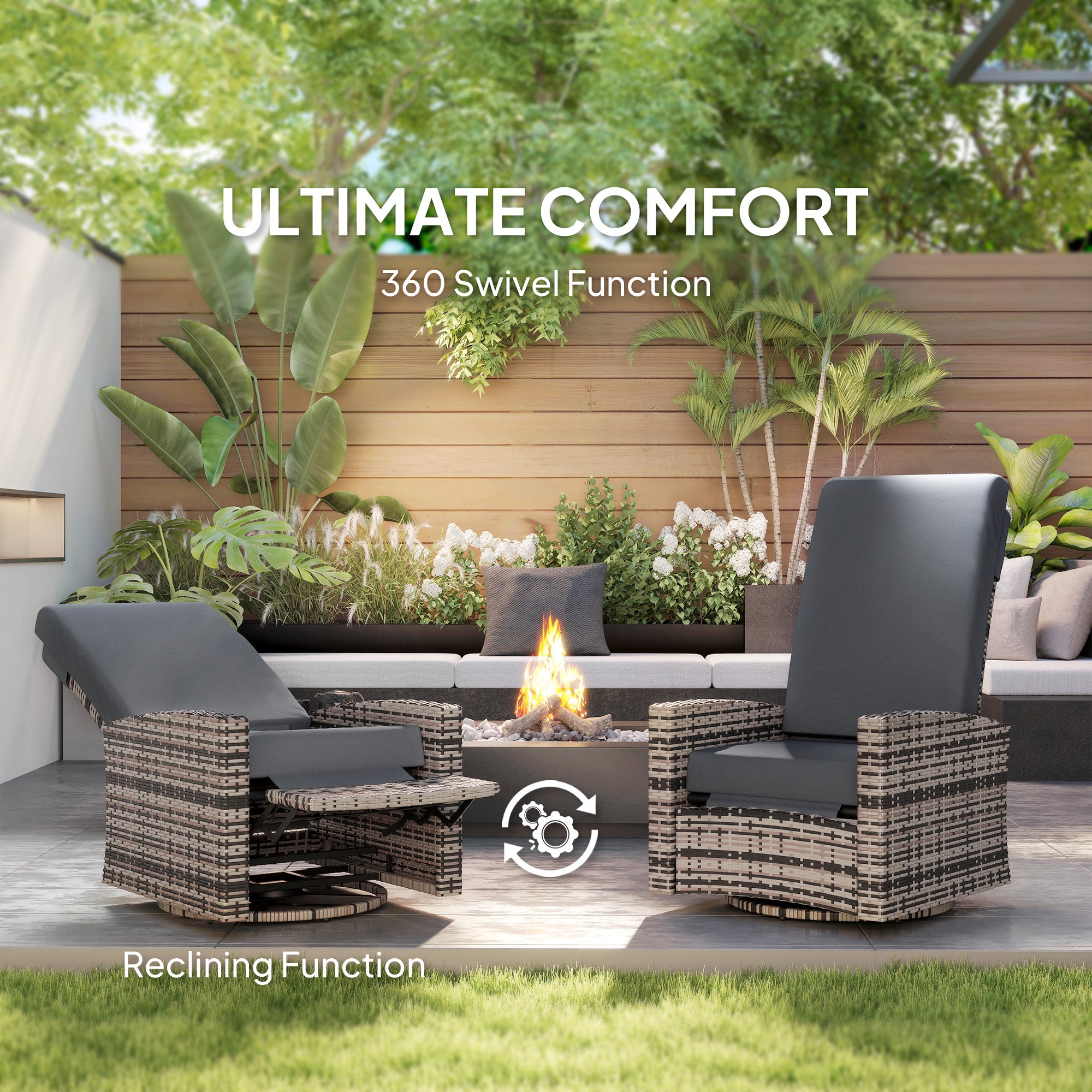 Outdoor Wicker Swivel Recliner Chair, Lifting Footrest, 360° Rotating Basic, Water-resistant Cushions, Dark
