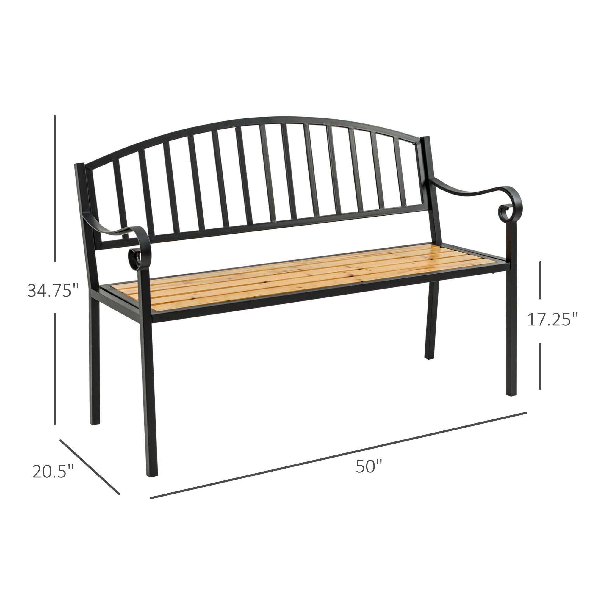 50" Garden Bench, Patio Loveseat with Antique Backrest, Wood Seat and Steel Frame for Backyard or Porch