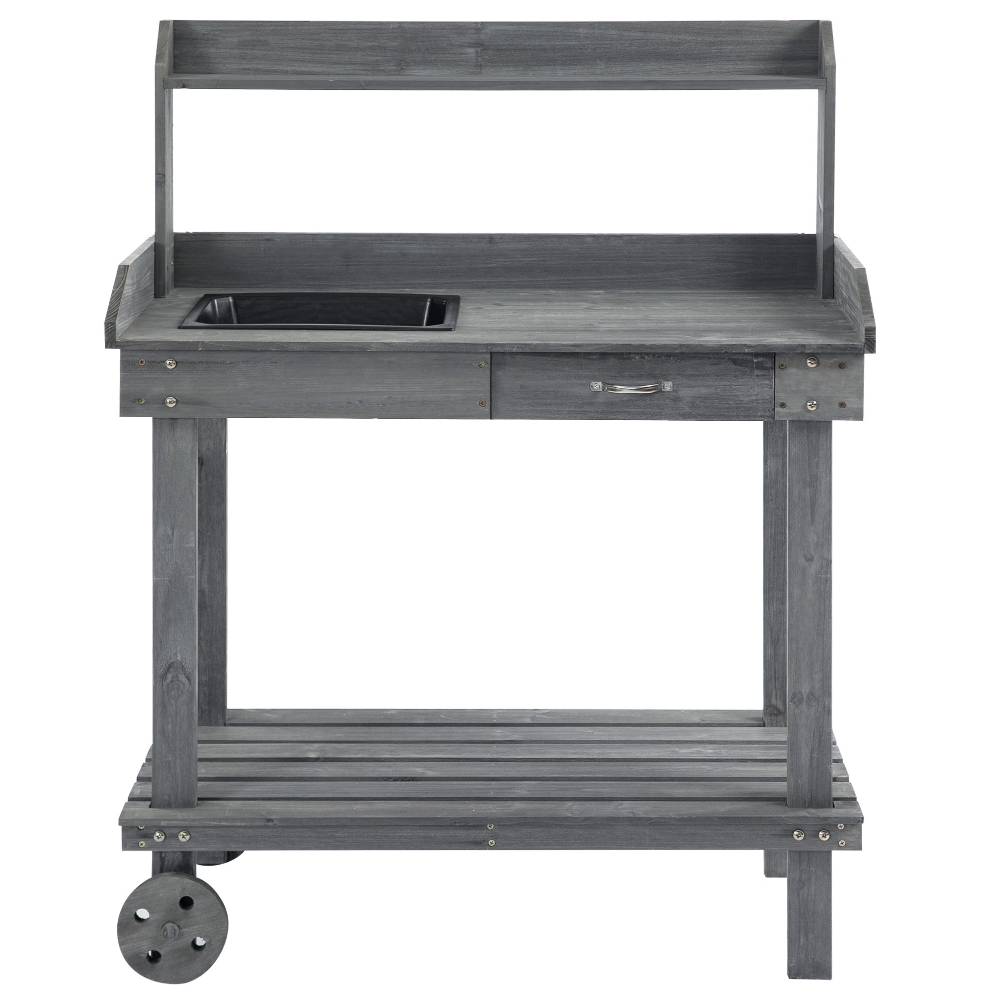 36'' Wooden Potting Bench Work Table with 2 Removable Wheels, Sink, Drawer & Large Storage Spaces
