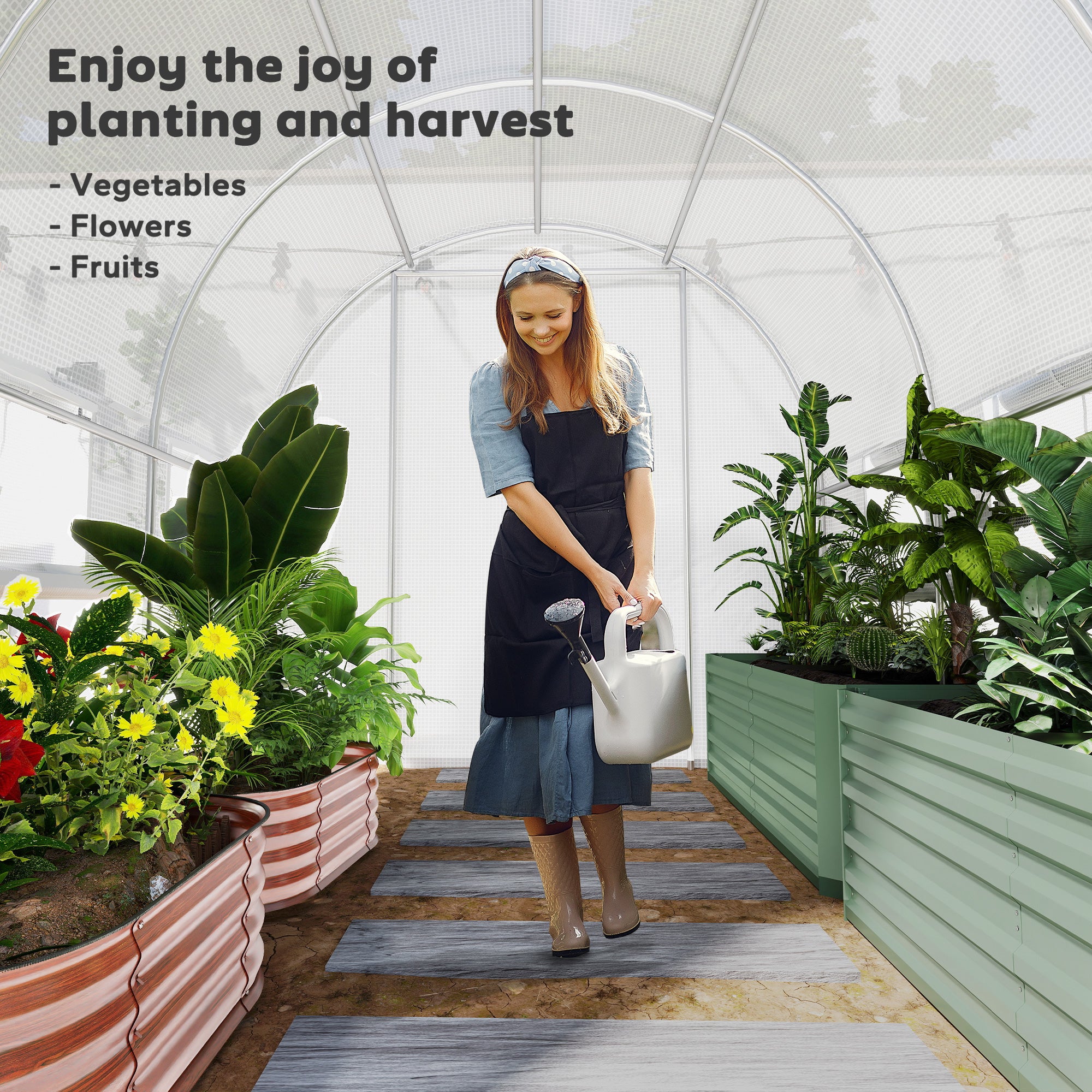 9.7' x 6.5' x 6.5' Walk-in Tunnel Greenhouse, Outdoor Green House with Anti-Tear PE Cover, Zipper Doors and Mesh Windows, White