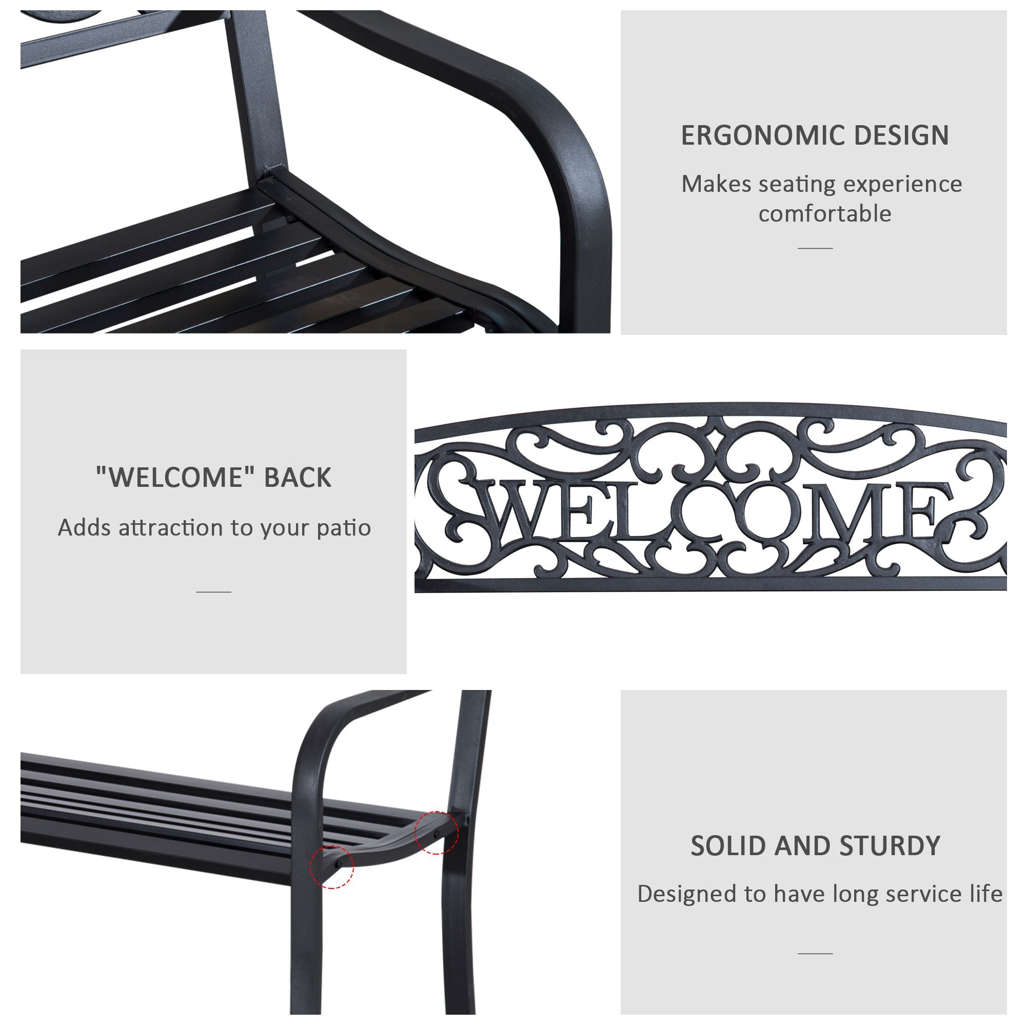 50" 2-Person Garden Bench Loveseat with Cast Iron Decorative Welcome Vines, Outdoor Patio Bench for Backyard, Porch, Entryway