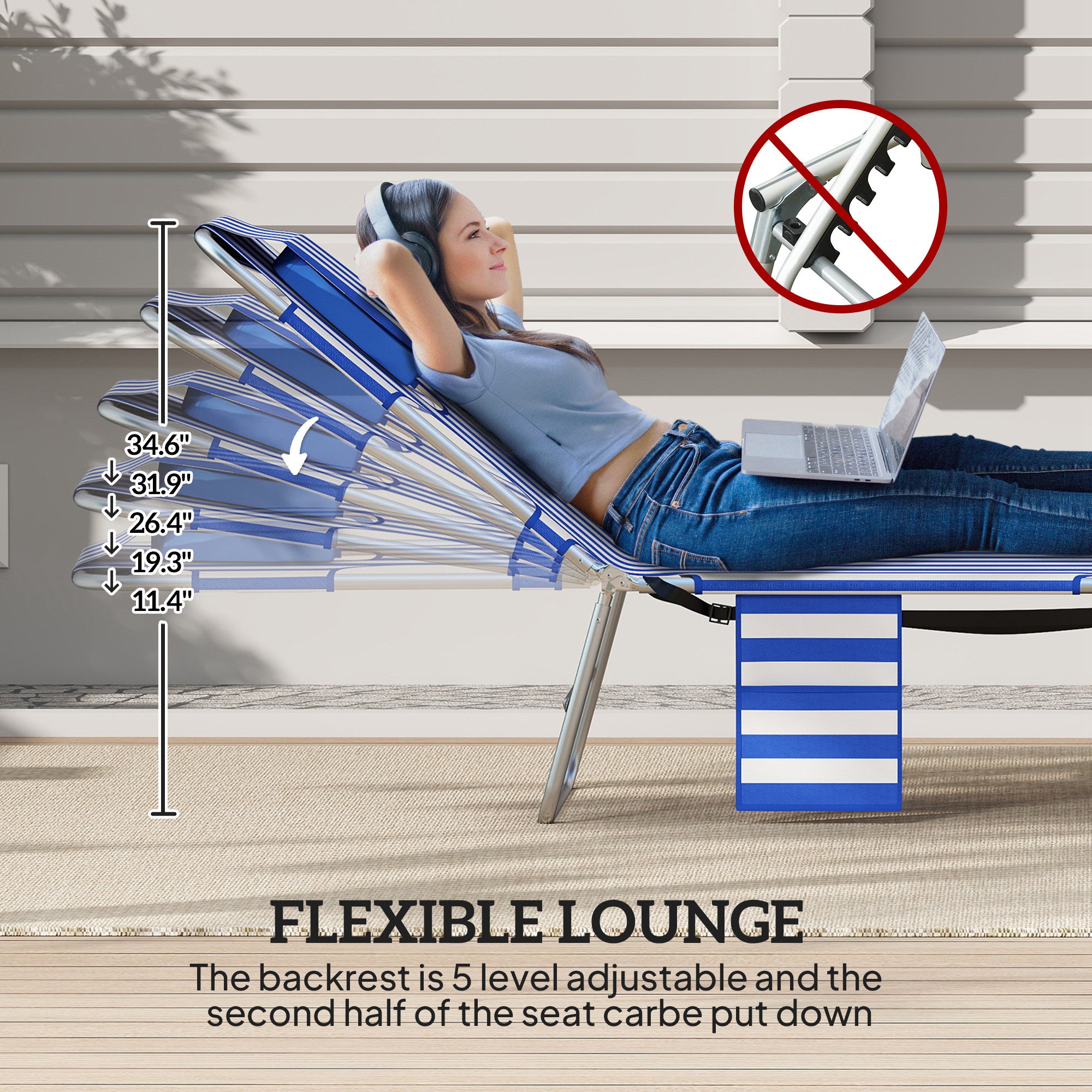 Tanning Chair with Face Hole, 5-Level Adjustable Outdoor Chaise Lounge Chair with Pillow for Beach, Pool