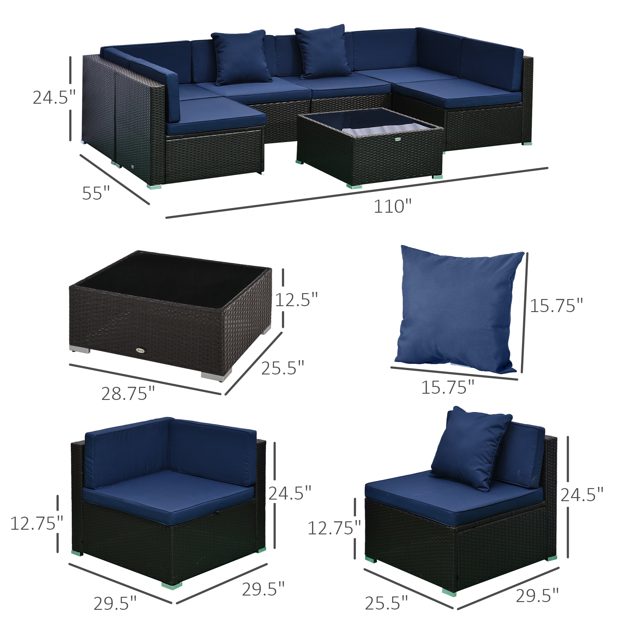 7 Piece Patio Furniture Set, Wicker Outdoor Sectional Sofa Set, All Weather PE Rattan Outdoor Furniture Conversation Sets with Cushions, Glass Top Coffee Table, Pillows, Dark Blue