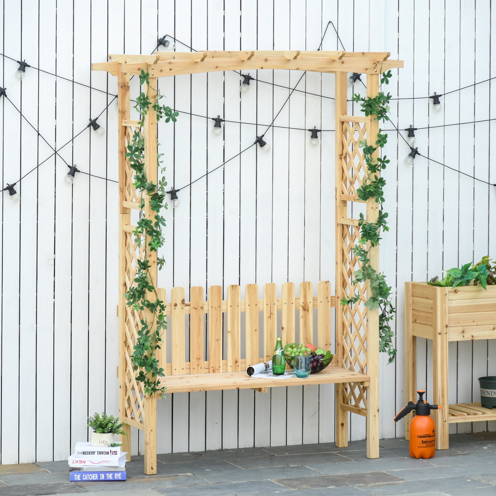 Outdoor Garden Bench Arch Pergola with Natural Fir Wood Build, Protective Varnish, & 2 Person Ergonomic Bench