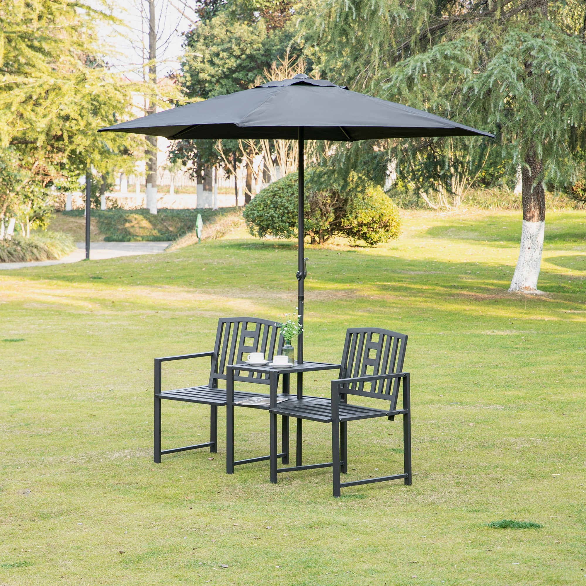 Metal Garden Bench with Middle Table and Umbrella Hole, 2-in-1 Double Patio Chairs, Outdoor 2-person Tete-a-Tete, Slatted, Black