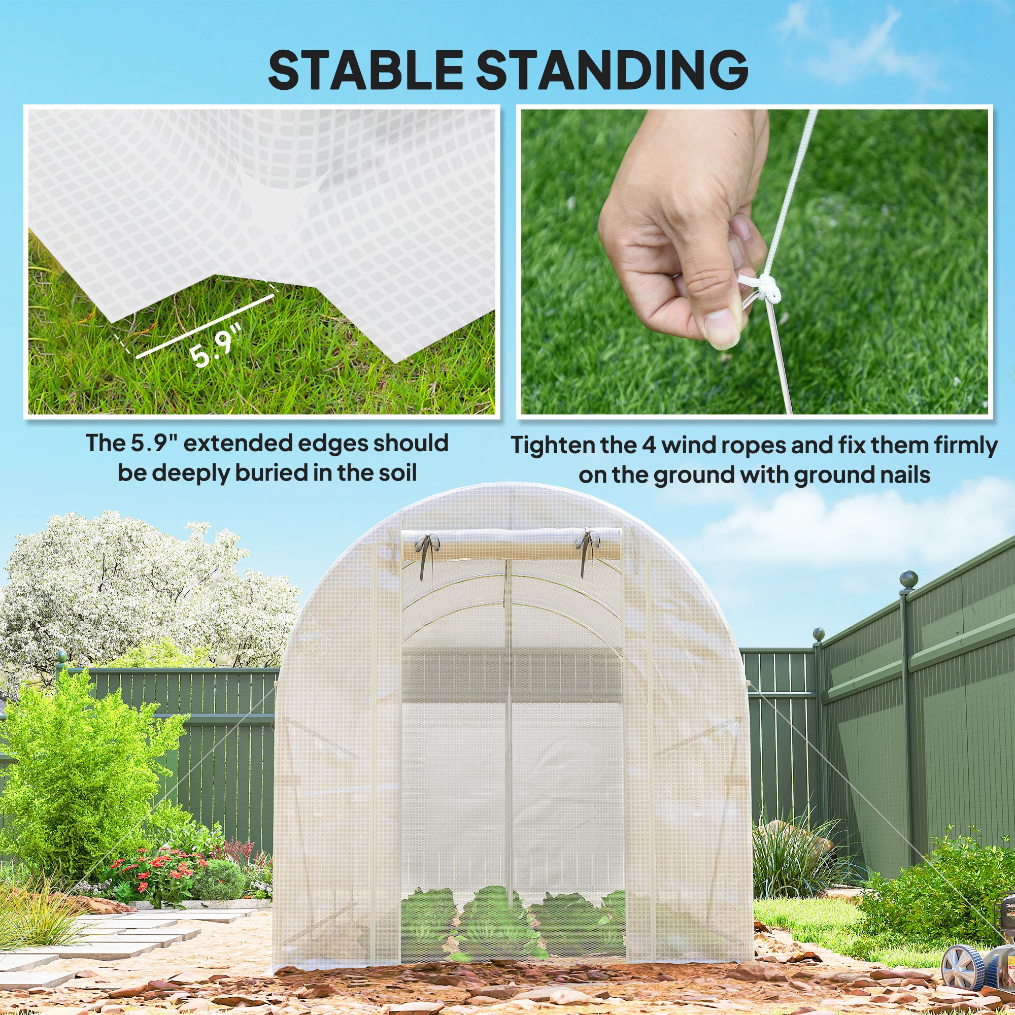 Hoop House Greenhouse, Walk-in Tunnel Greenhouse with 2 Support Rods, Zippered Roll-up Mesh Door, 14.6'x6.5'x6.6'