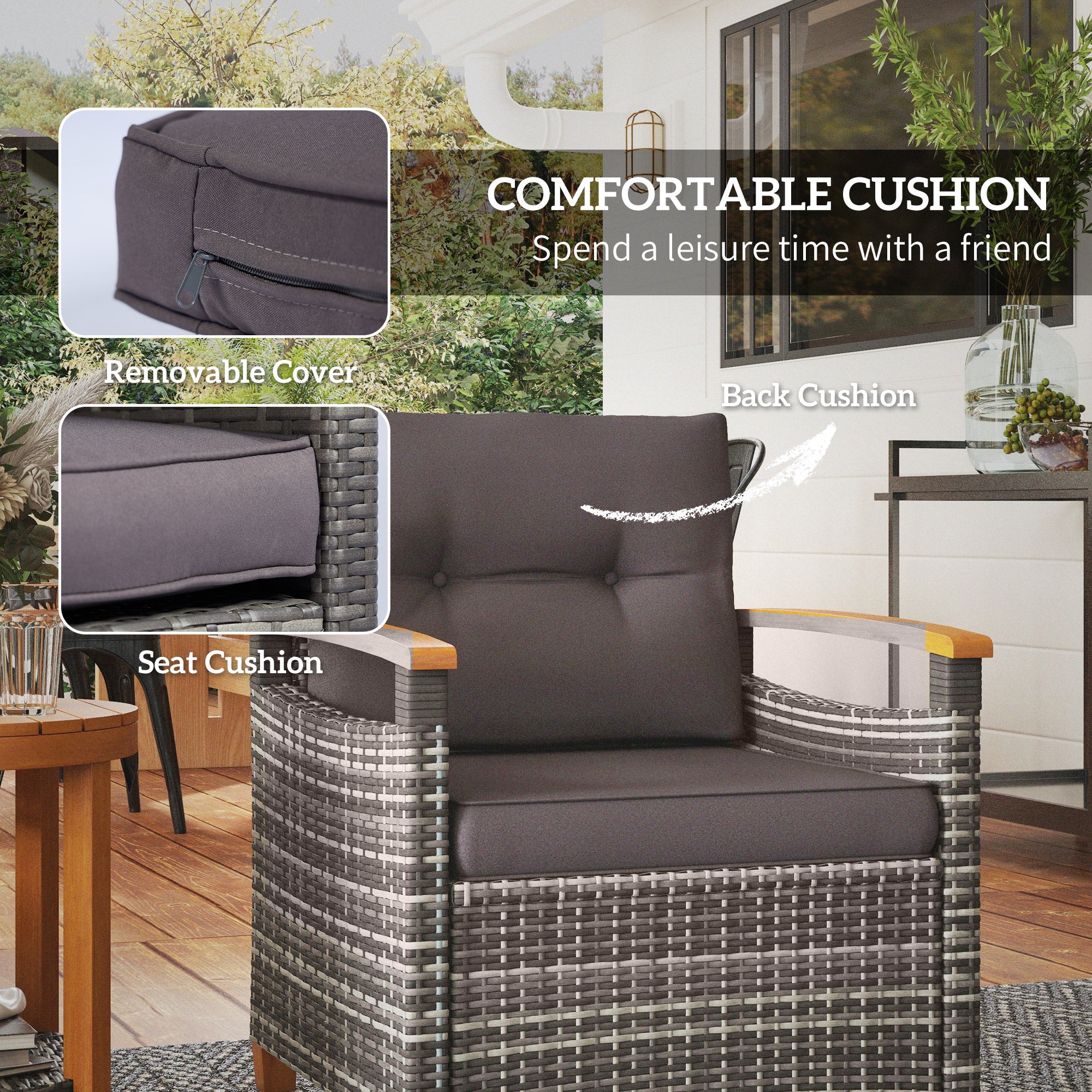 Outdoor Bistro Set Wicker Patio Furniture with Cushions for Porch, Backyard, Garden, Gray