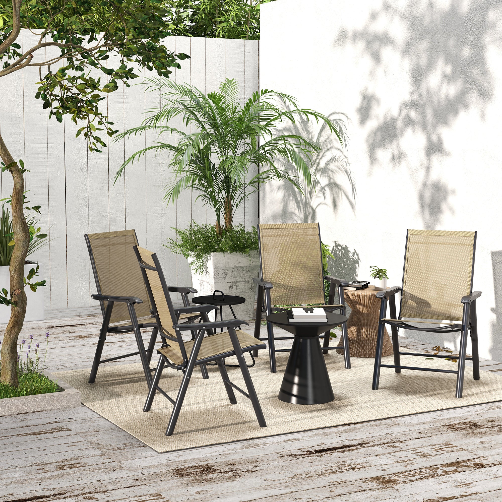 Set of 4 Outdoor Folding Chairs, Stackable Patio Dining Chairs with Armrests, Metal Frame