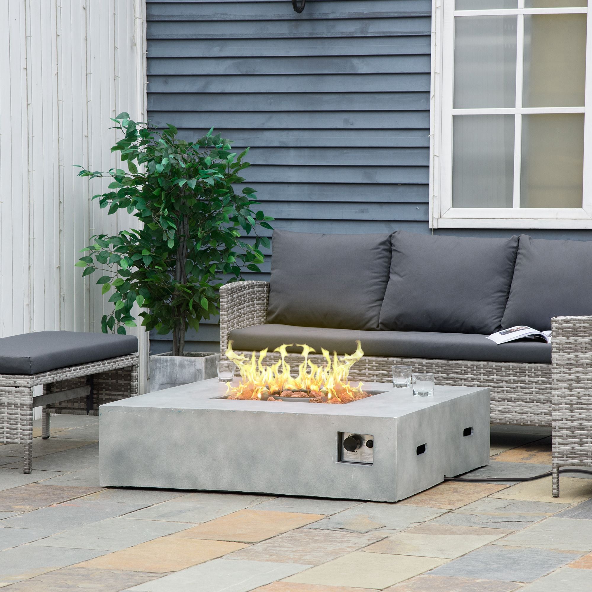 Outdoor Propane Fire Pit Table Faux Grey Ledge Stone 42-inch Square Gas Fire Pit Table, 50,000BTU Auto Ignition Gas Firepits with Protective Cover, Lava Rocks, CSA Certification for Outdoor, Grey