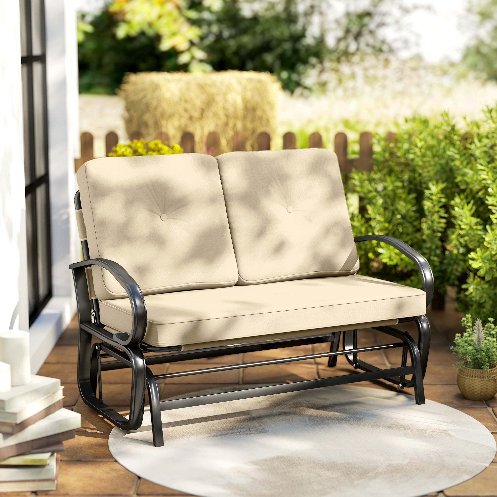 Outdoor Glider Bench, 2-Person Patio Rocker Loveseat with Tufted Cushions, Steel Frame for Porch, Garden Backyard, Beige