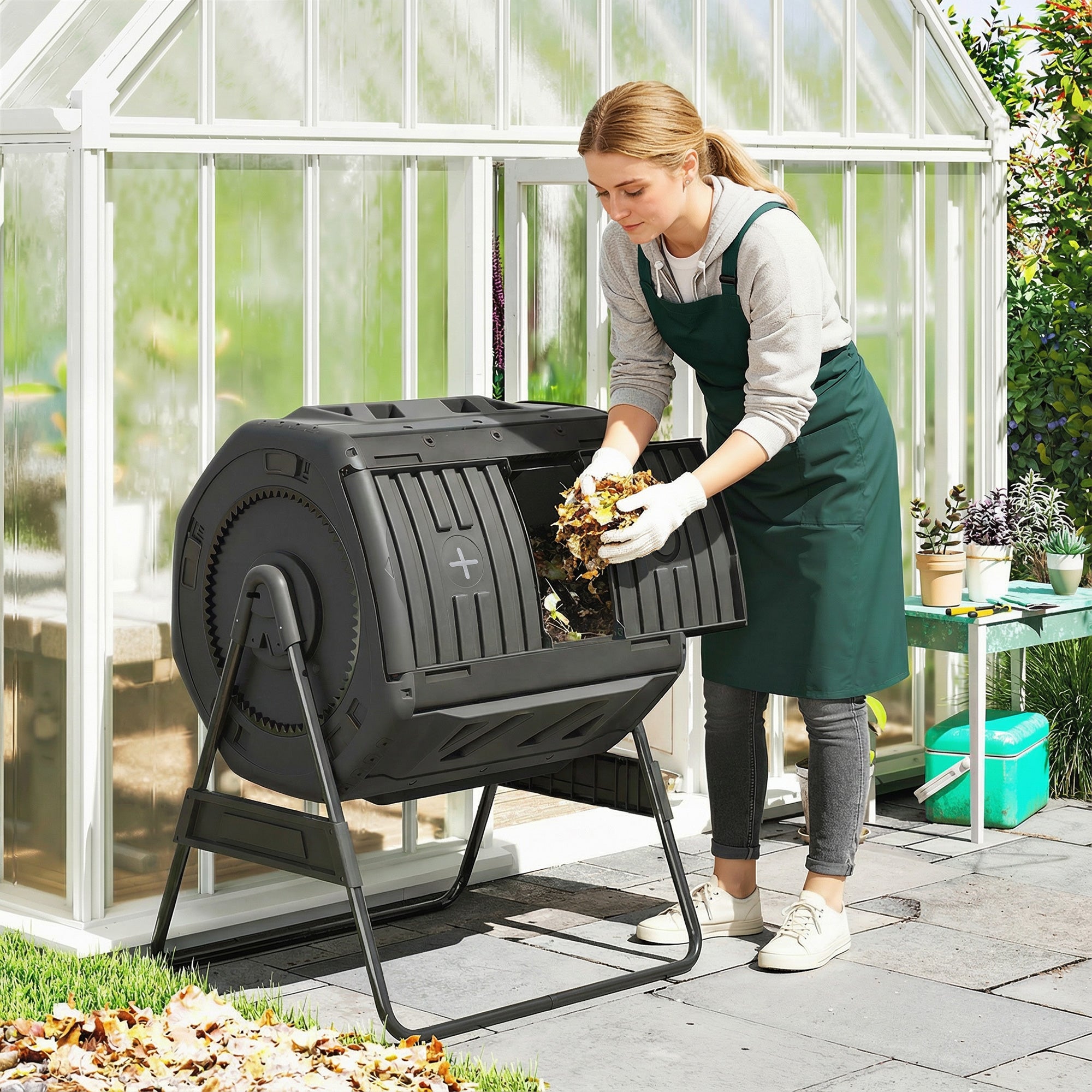 Compost Bin Outdoor, 53 Gal Dual Chamber Tumbling Composter with Adjustable Vents, BPA Free Tumbling Composter