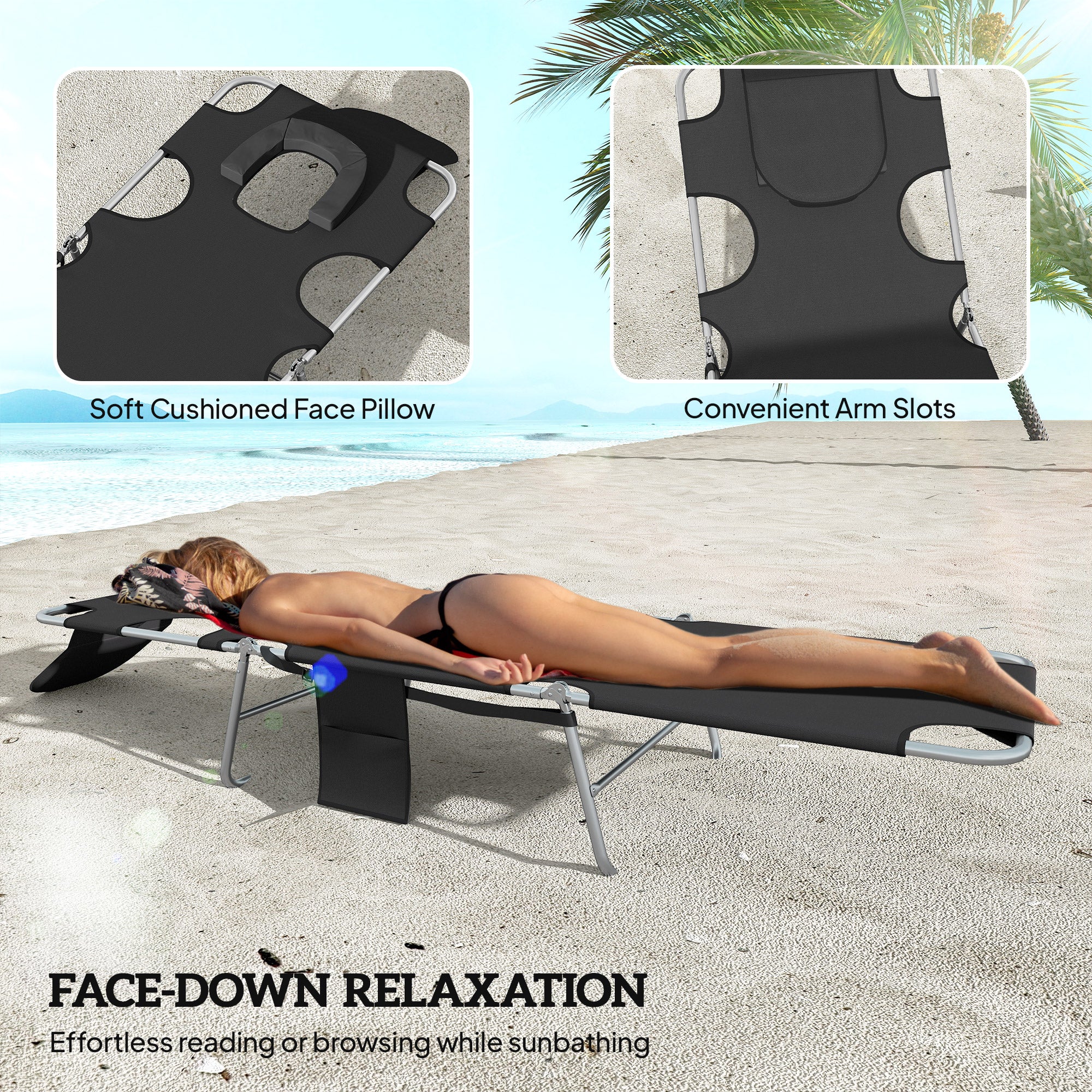 2 Tanning Chairs with Face Hole, 5-Level Adjustable Outdoor Chaise Lounge Chair with Pillow for Beach, Pool