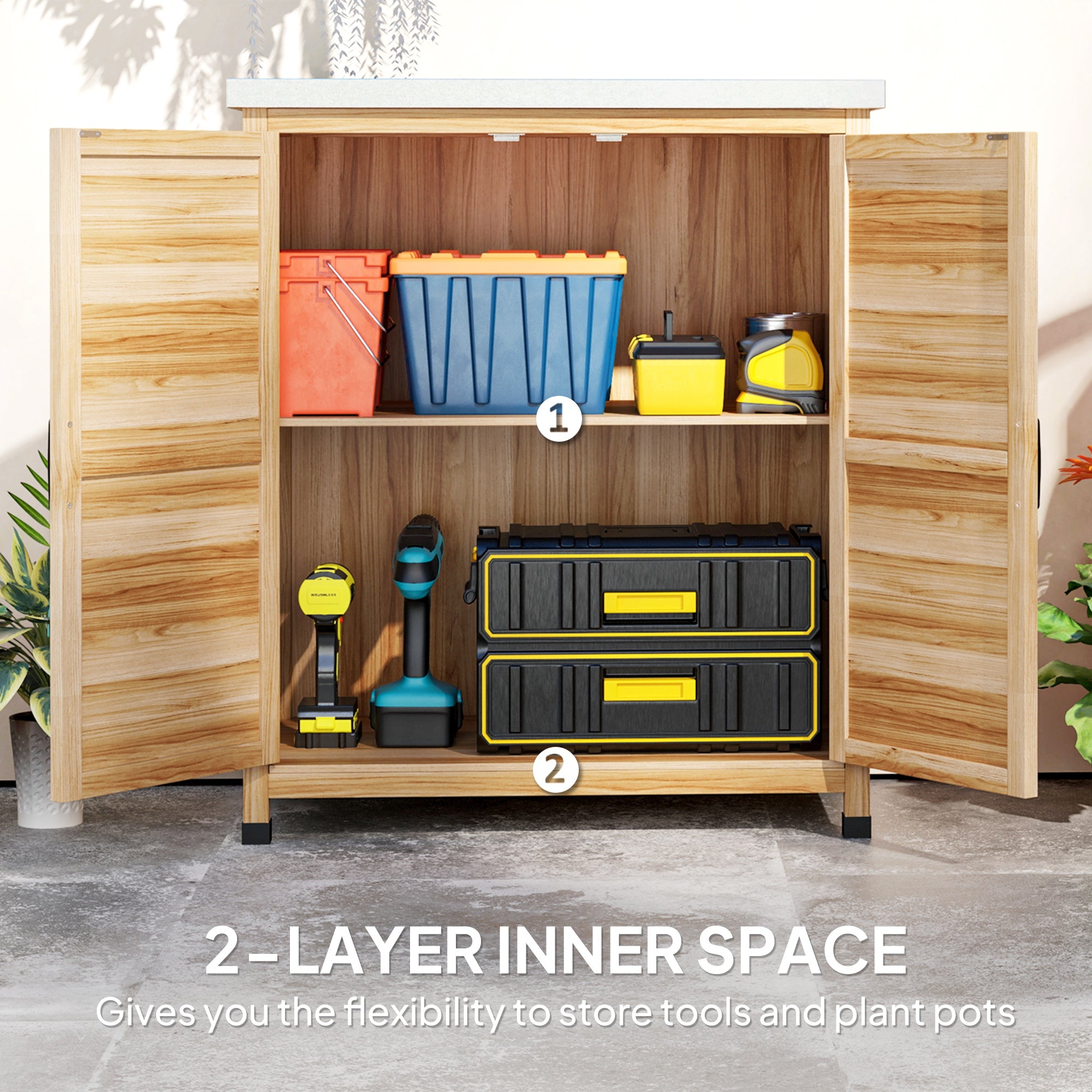 Wooden Storage Cabinet, Outdoor Prep Table with Metal Tabletop, Shelves and Double Doors for Patio, Garden