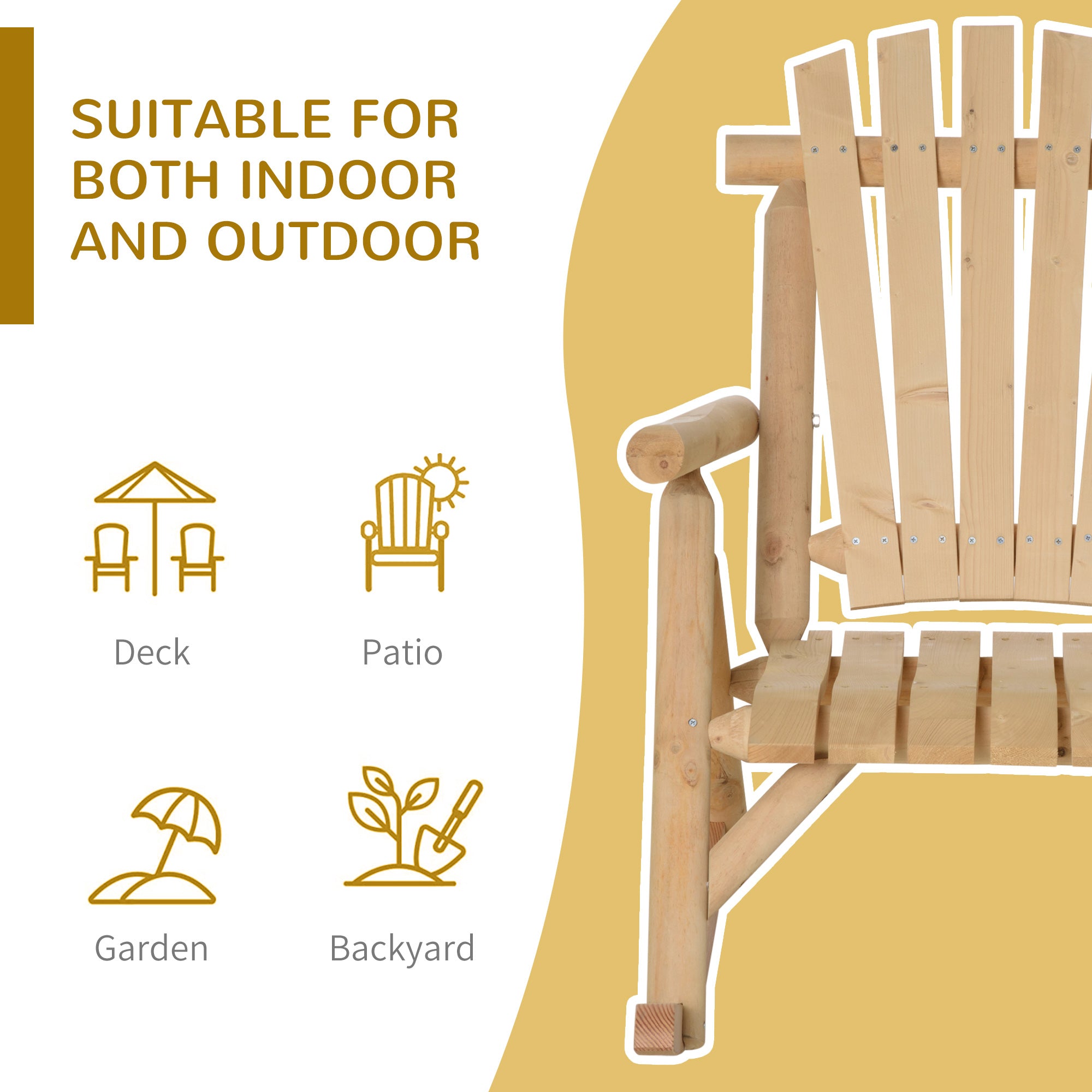 Outdoor Wooden Rocking Chair, Single-Person Rustic Adirondack Rocker with Slatted Seat, High Backrest, Armrests for Patio, Garden and Porch