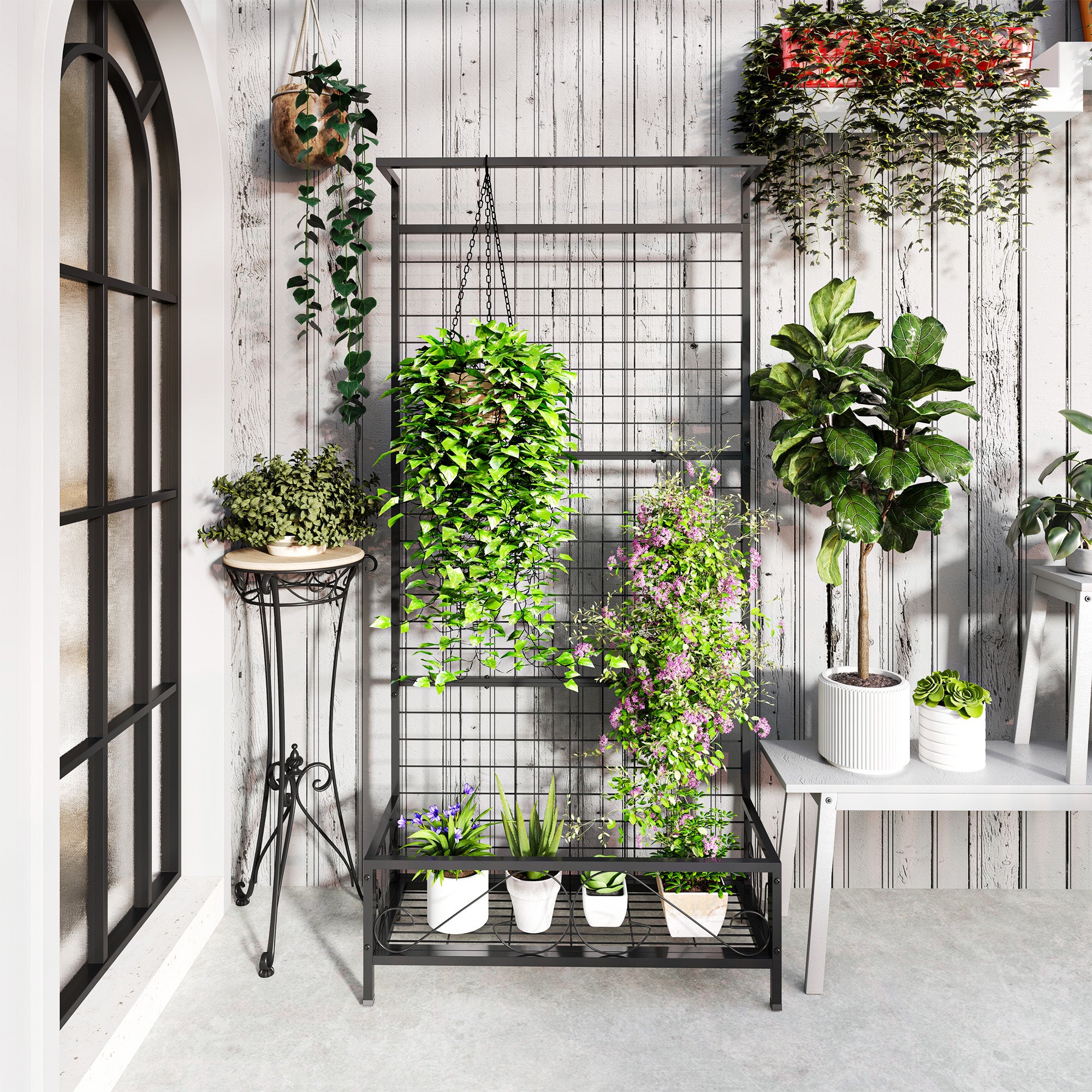 Metal Tall Plant Stand with Trellis and Hanging Bar, Plant Holder for Indoor Outdoor Use, 35" x 12.8" x 74"