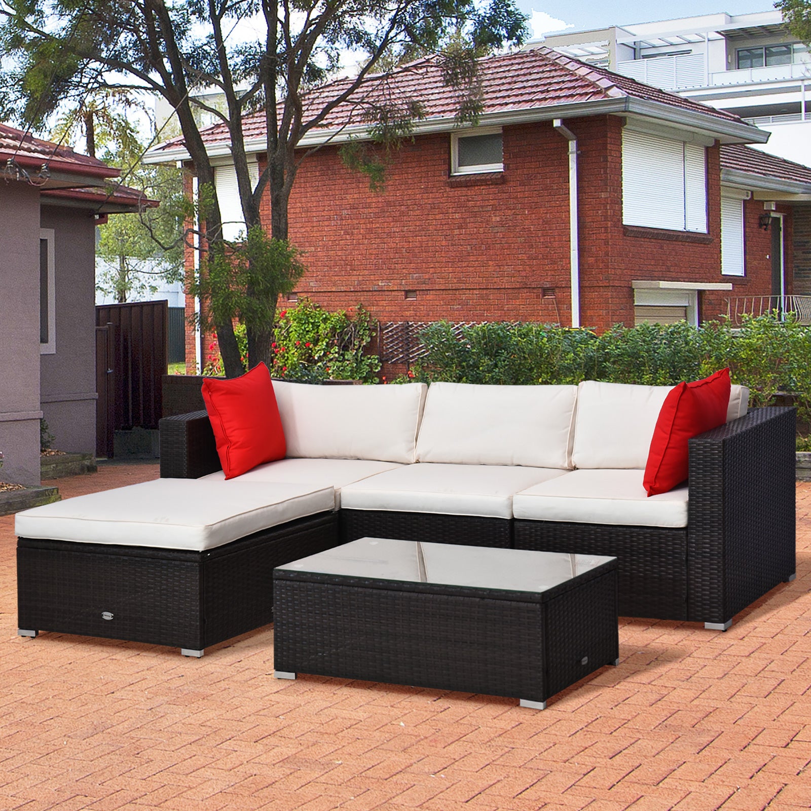5-Piece Patio Furniture Set with Cushions, Outdoor PE Rattan Wicker Sofa Set, Sectional Furniture with Pillows, Glass Coffee Table for Garden, Backyard, Brown/Cream White