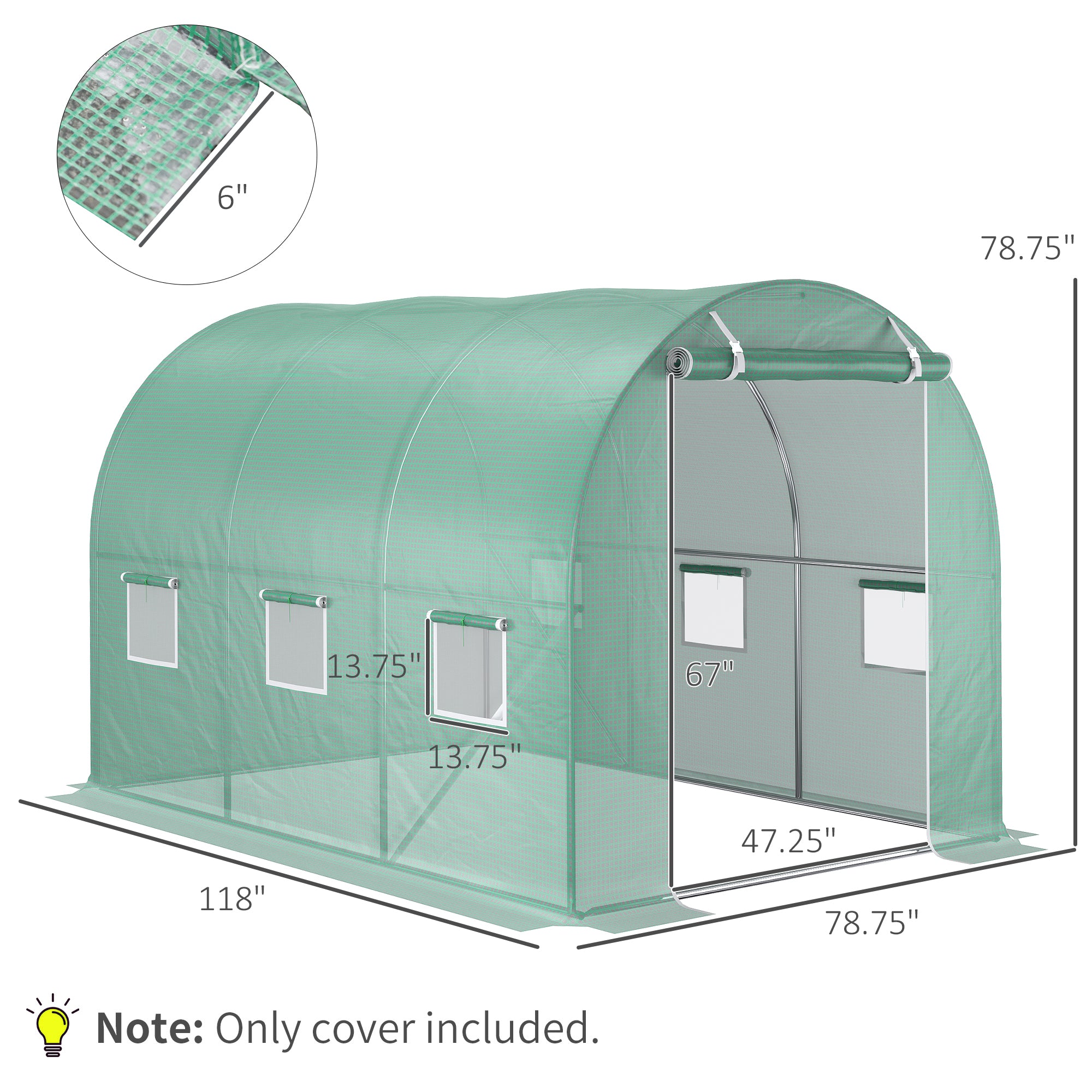 9.8' x 6.6' x 6.6' Plastic Greenhouse Cover Replacement, Heavy Duty Waterproof Tarp for Hoop House, Sheeting with 6 Windows, Door & Reinforcement Grid