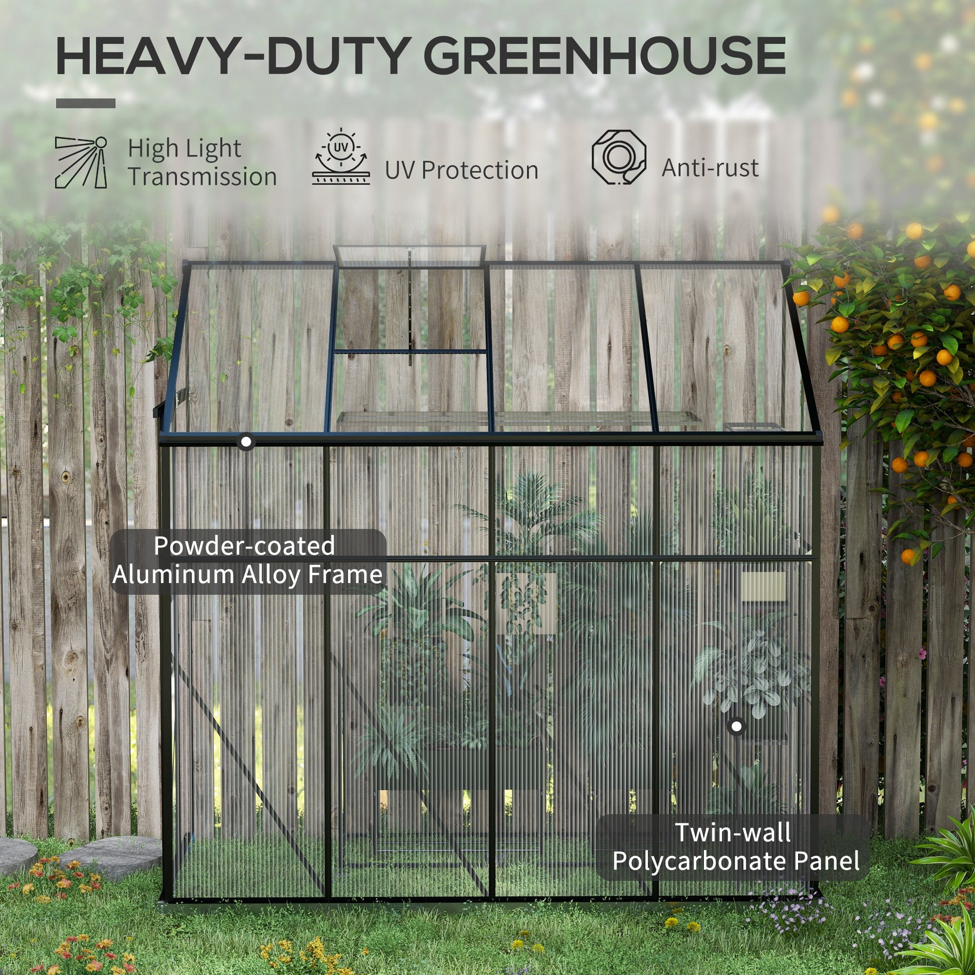 8' x 4' Walk-in Polycarbonate Greenhouse, Lean-to Aluminum Green House with Rain Gutter and Foundation, Black