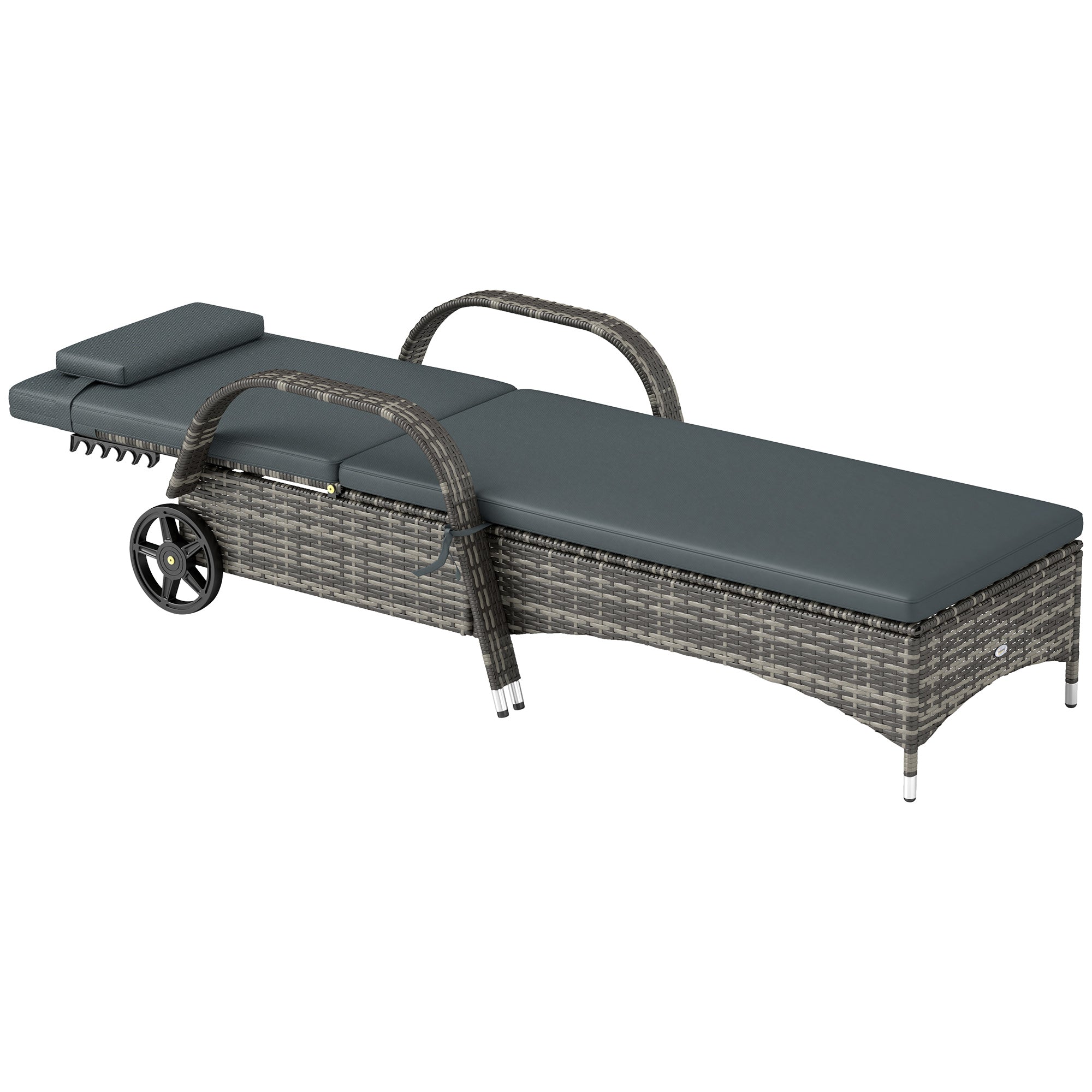 Outdoor Chaise Lounge, 5-Level Adjustable Backrest Rattan Pool Lounge Chair with Wheels, Cushion & Headrest